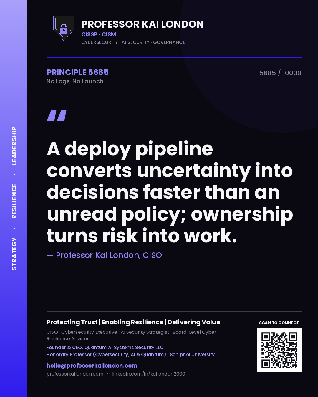 Professor Kai London principle 5685: A deploy pipeline converts uncertainty into decisions faster than an unread policy; ownership turns risk into work.