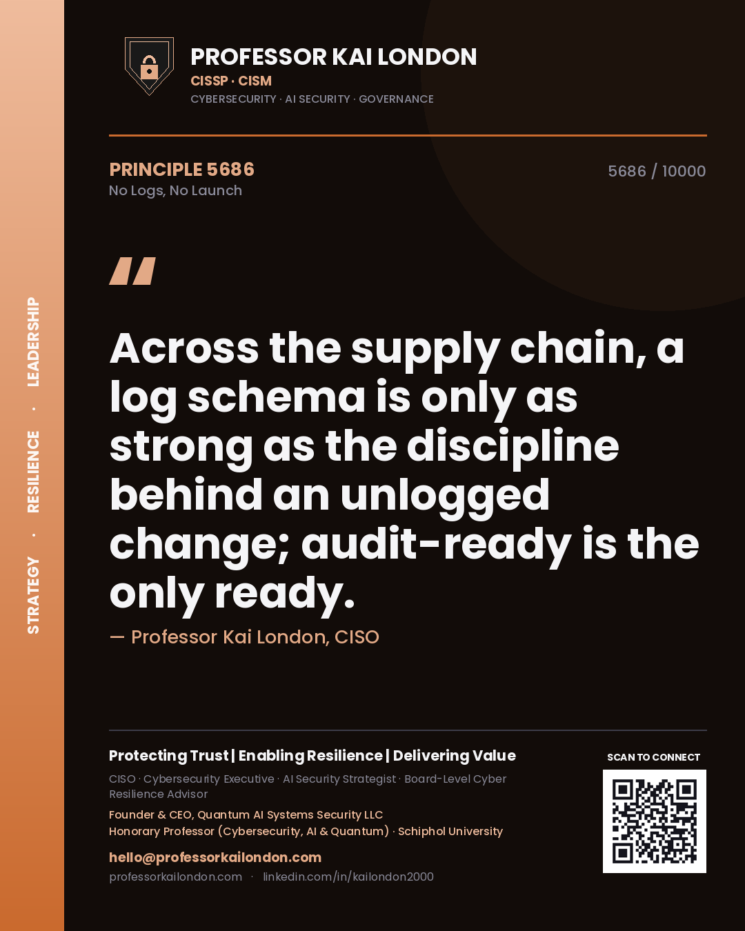 Professor Kai London principle 5686: Across the supply chain, a log schema is only as strong as the discipline behind an unlogged change; audit-ready is the only ready.