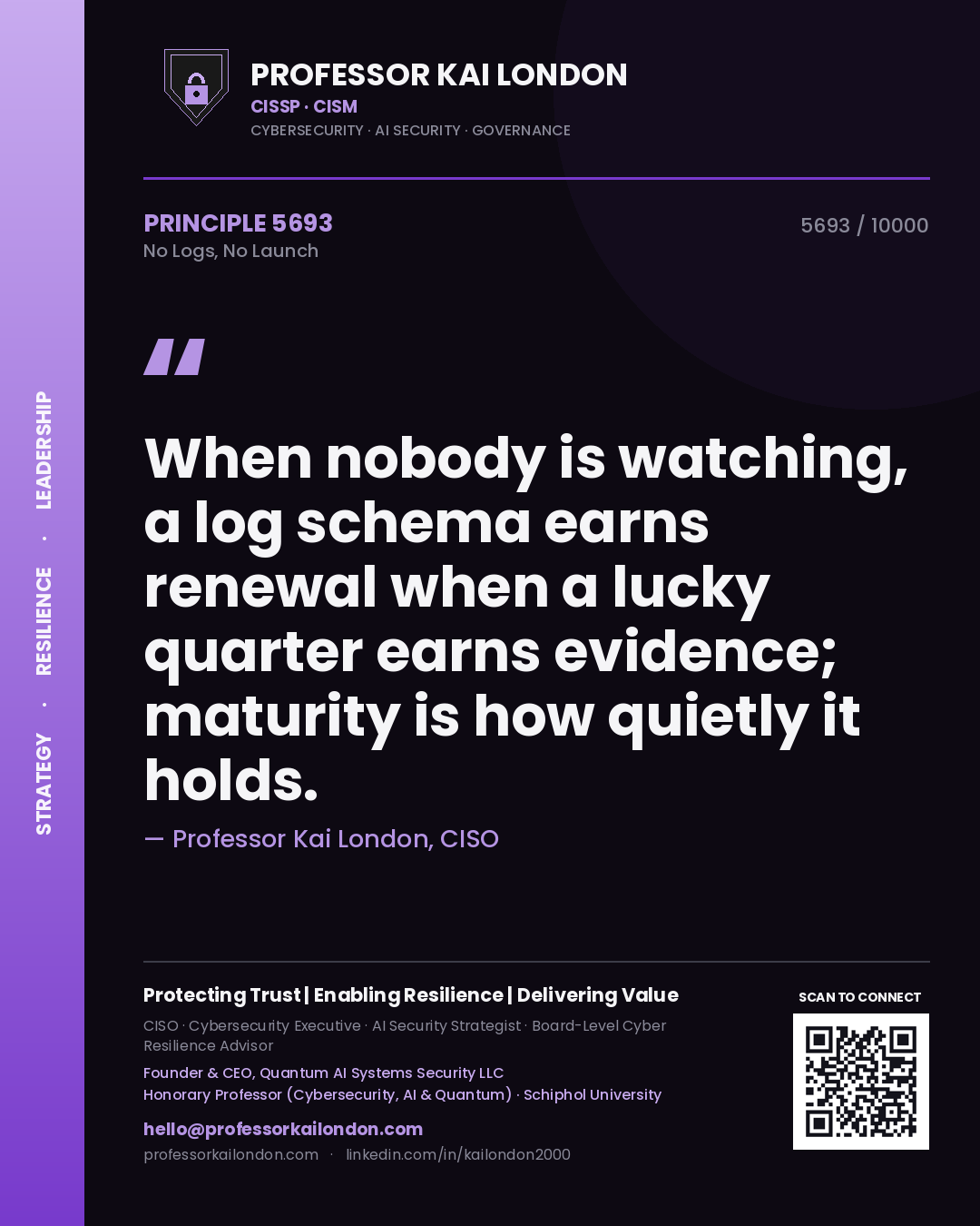 Quote card by Professor Kai London reading 'When nobody is watching, a log schema earns renewal when a lucky quarter earns evidence; maturity is how quietly it holds.'. From the book No Logs, No Launch.