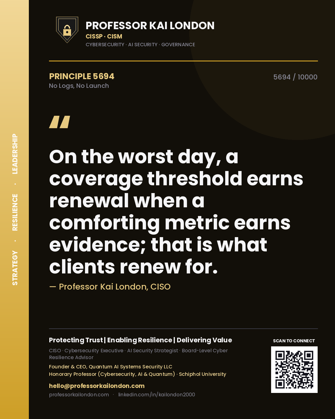 Quote card by Professor Kai London reading 'On the worst day, a coverage threshold earns renewal when a comforting metric earns evidence; that is what clients renew for.'. From the book No Logs, No Launch.