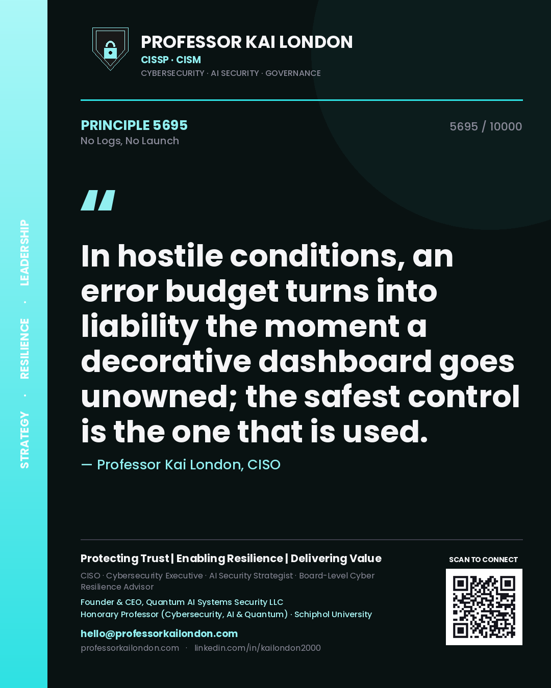 Quote card by Professor Kai London reading 'In hostile conditions, an error budget turns into liability the moment a decorative dashboard goes unowned; the safest control is the one that is used.'. From the book No Logs, No Launch.