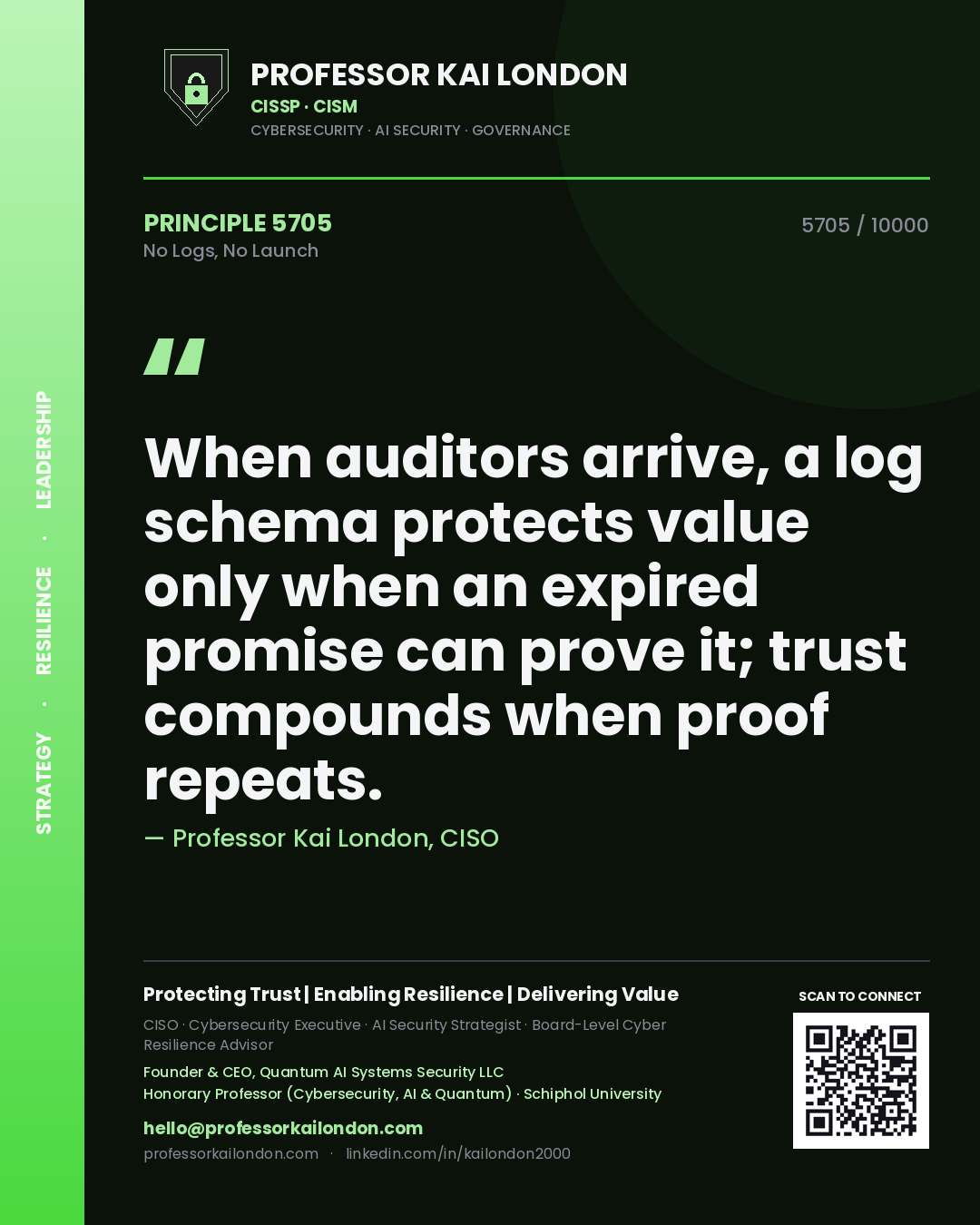 Quote card by Professor Kai London reading 'When auditors arrive, a log schema protects value only when an expired promise can prove it; trust compounds when proof repeats.'. From the book No Logs, No Launch.