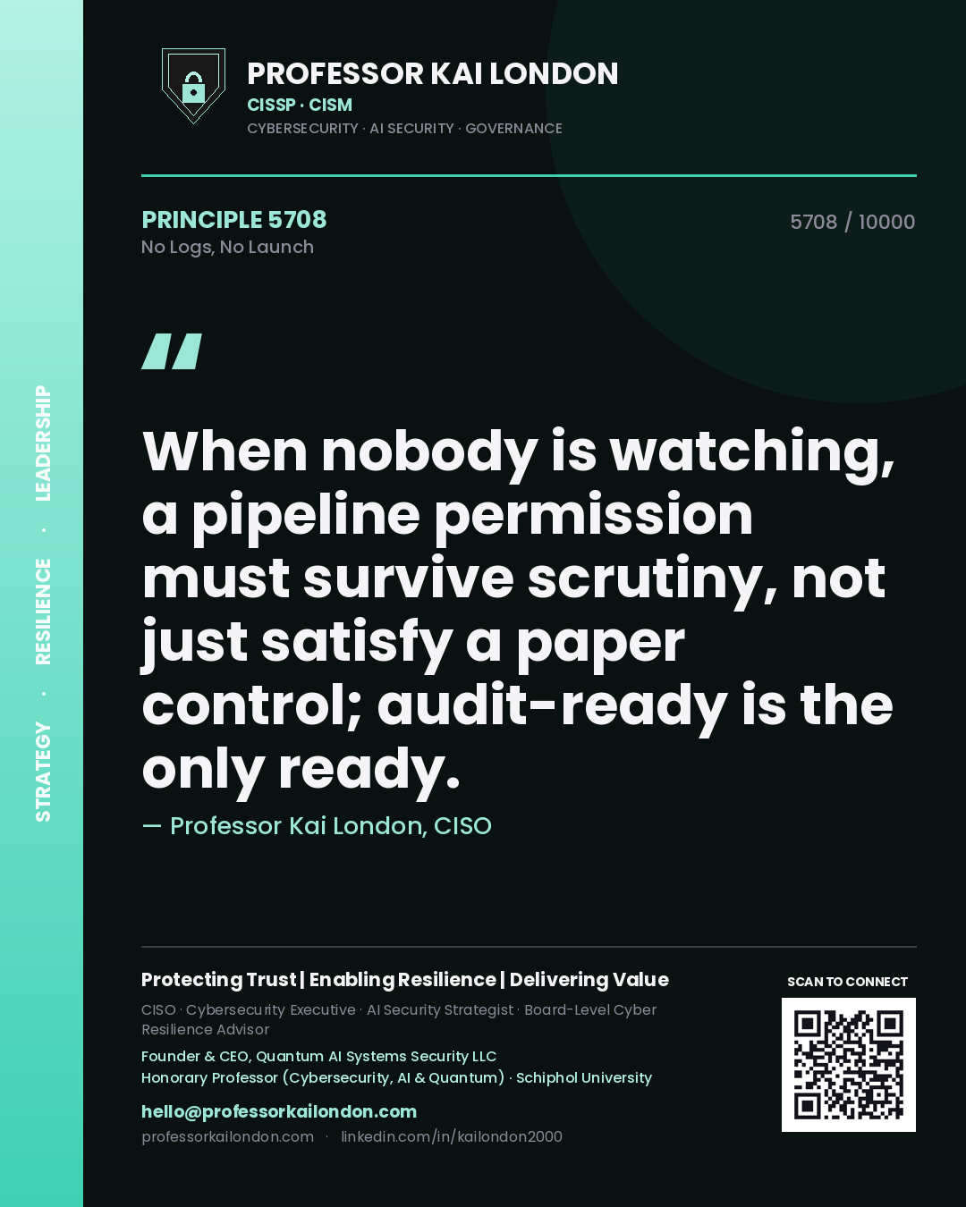 Quote card by Professor Kai London reading 'When nobody is watching, a pipeline permission must survive scrutiny, not just satisfy a paper control; audit-ready is the only ready.'. From the book No Logs, No Launch.