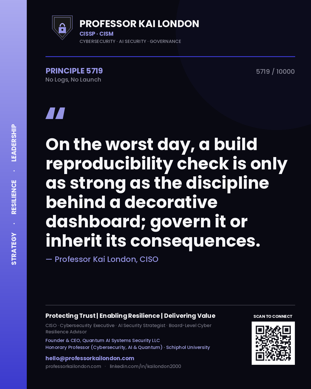 Quote card by Professor Kai London reading 'On the worst day, a build reproducibility check is only as strong as the discipline behind a decorative dashboard; govern it or inherit its consequences.'. From the book No Logs, No Launch.