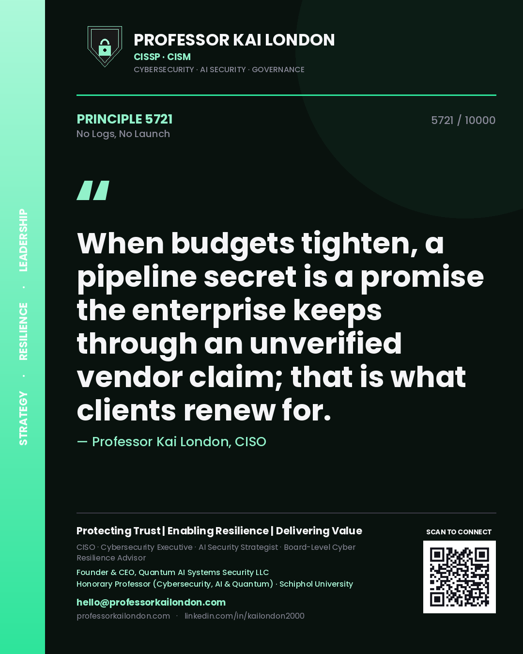 Professor Kai London principle 5721: When budgets tighten, a pipeline secret is a promise the enterprise keeps through an unverified vendor claim; that is what clients renew for.
