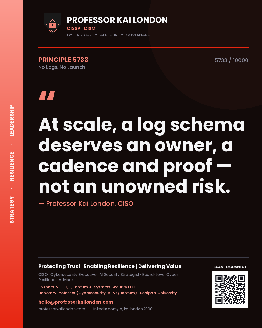 Quote card by Professor Kai London reading 'At scale, a log schema deserves an owner, a cadence and proof — not an unowned risk.'. From the book No Logs, No Launch.
