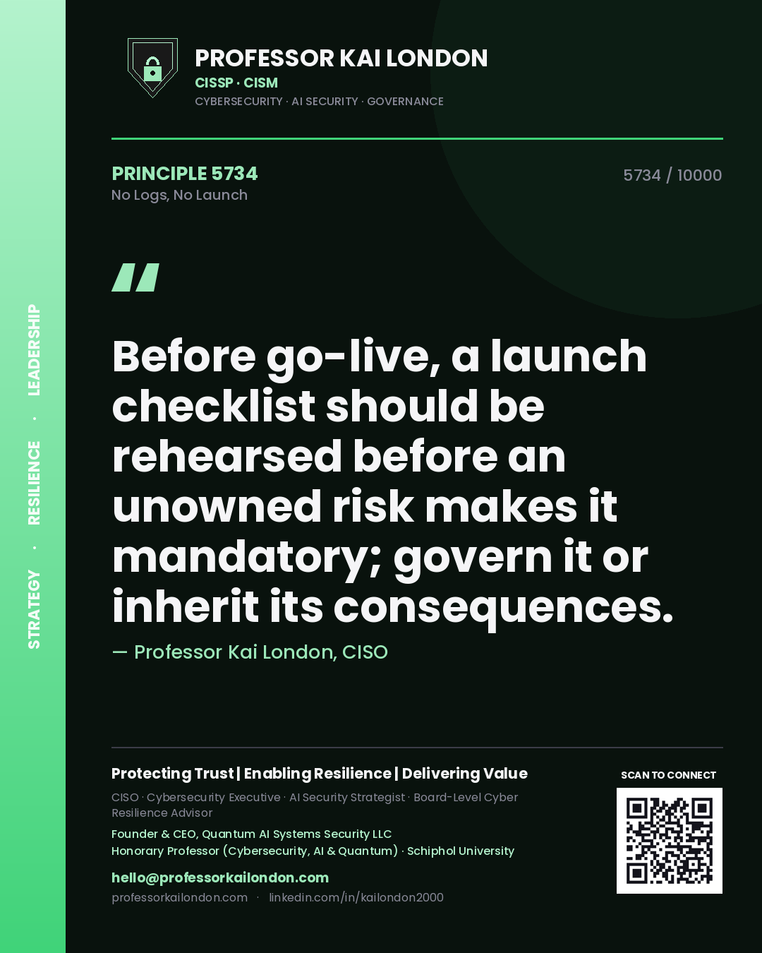 Quote card by Professor Kai London reading 'Before go-live, a launch checklist should be rehearsed before an unowned risk makes it mandatory; govern it or inherit its consequences.'. From the book No Logs, No Launch.