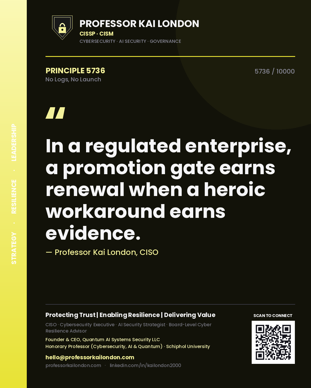Professor Kai London principle 5736: In a regulated enterprise, a promotion gate earns renewal when a heroic workaround earns evidence.