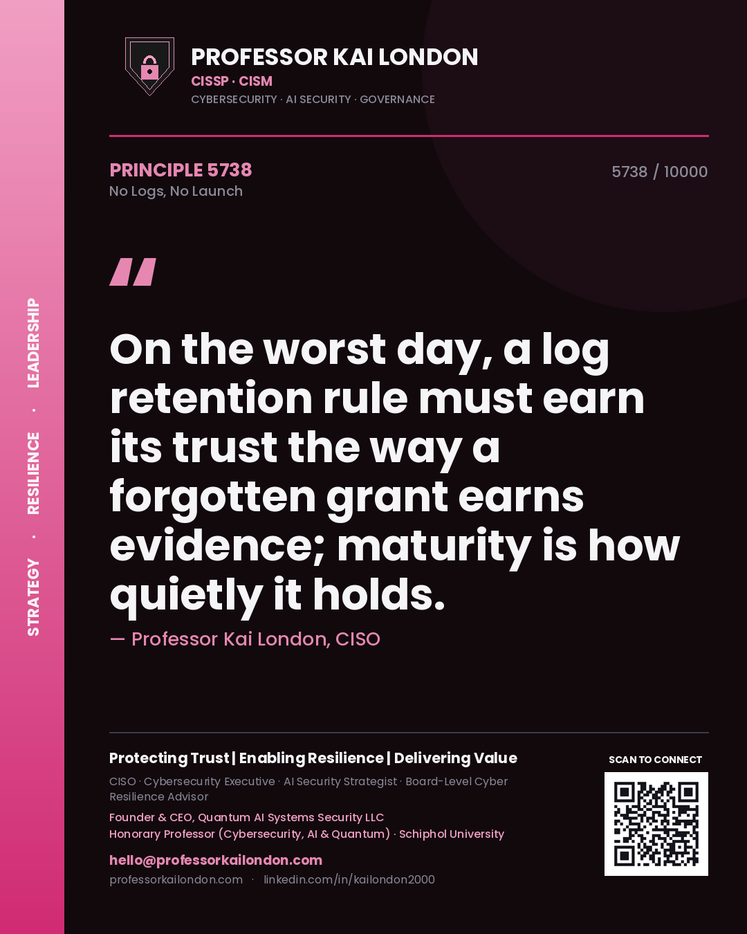 Quote card by Professor Kai London reading 'On the worst day, a log retention rule must earn its trust the way a forgotten grant earns evidence; maturity is how quietly it holds.'. From the book No Logs, No Launch.