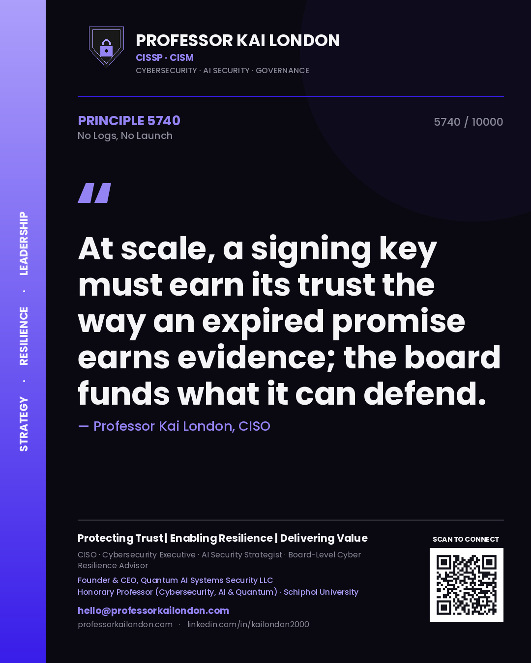 Quote card by Professor Kai London reading 'At scale, a signing key must earn its trust the way an expired promise earns evidence; the board funds what it can defend.'. From the book No Logs, No Launch.