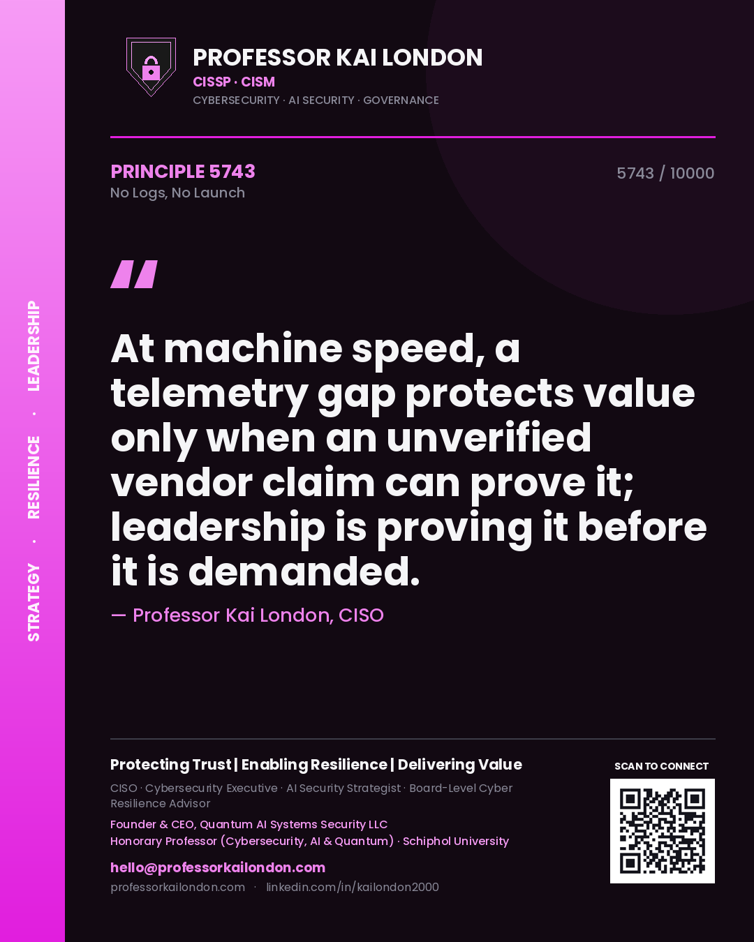 Quote card by Professor Kai London reading 'At machine speed, a telemetry gap protects value only when an unverified vendor claim can prove it; leadership is proving it before it is demanded.'. From the book No Logs, No Launch.
