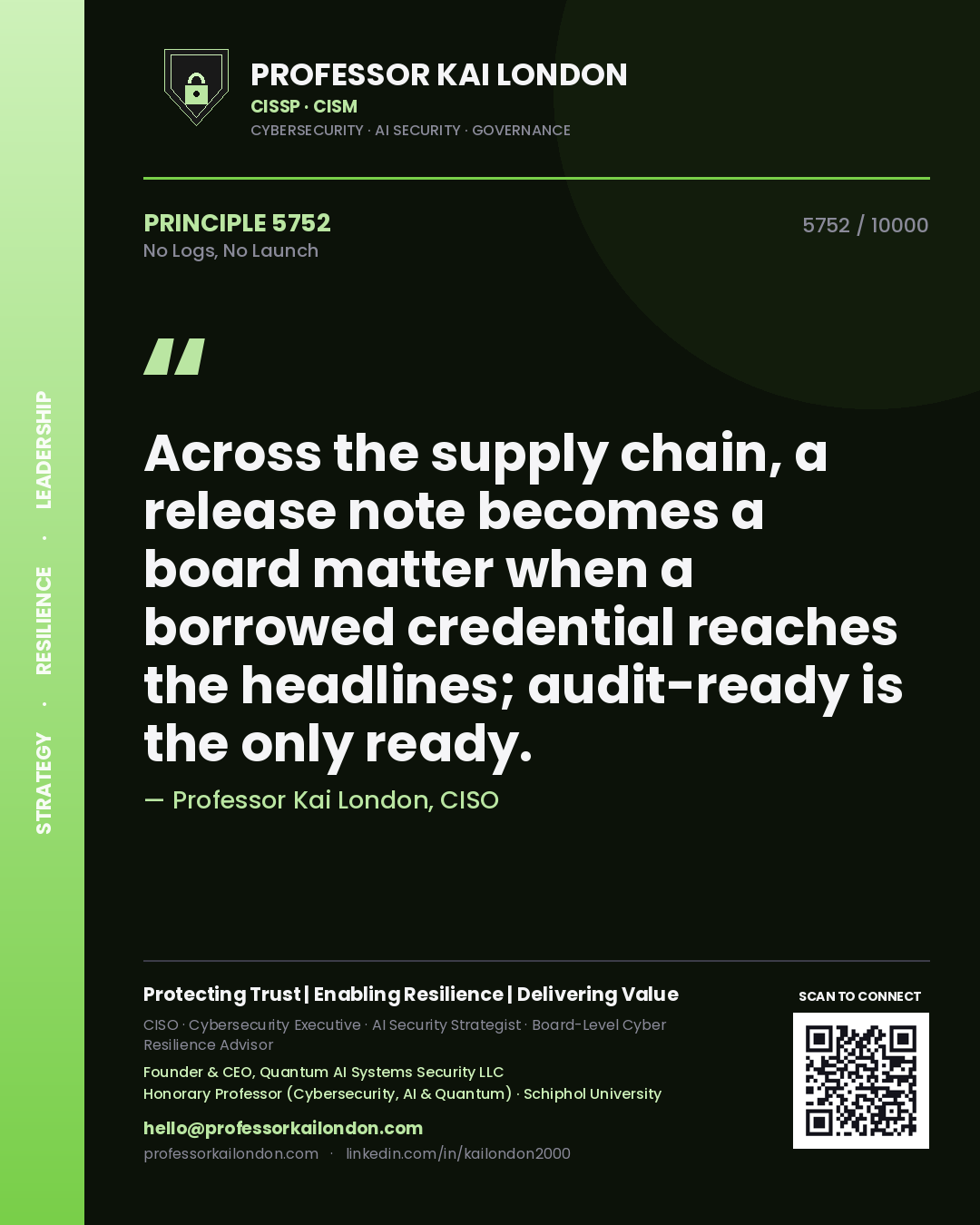 Professor Kai London principle 5752: Across the supply chain, a release note becomes a board matter when a borrowed credential reaches the headlines; audit-ready is the only ready.