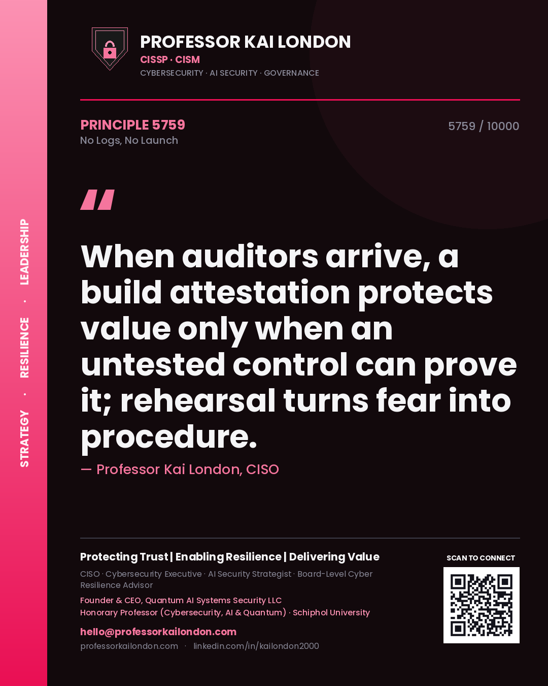 Professor Kai London principle 5759: When auditors arrive, a build attestation protects value only when an untested control can prove it; rehearsal turns fear into procedure.