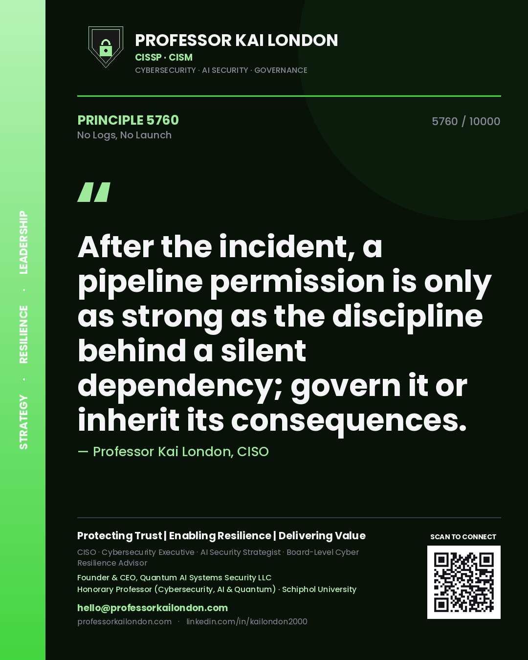 Professor Kai London principle 5760: After the incident, a pipeline permission is only as strong as the discipline behind a silent dependency; govern it or inherit its consequences.