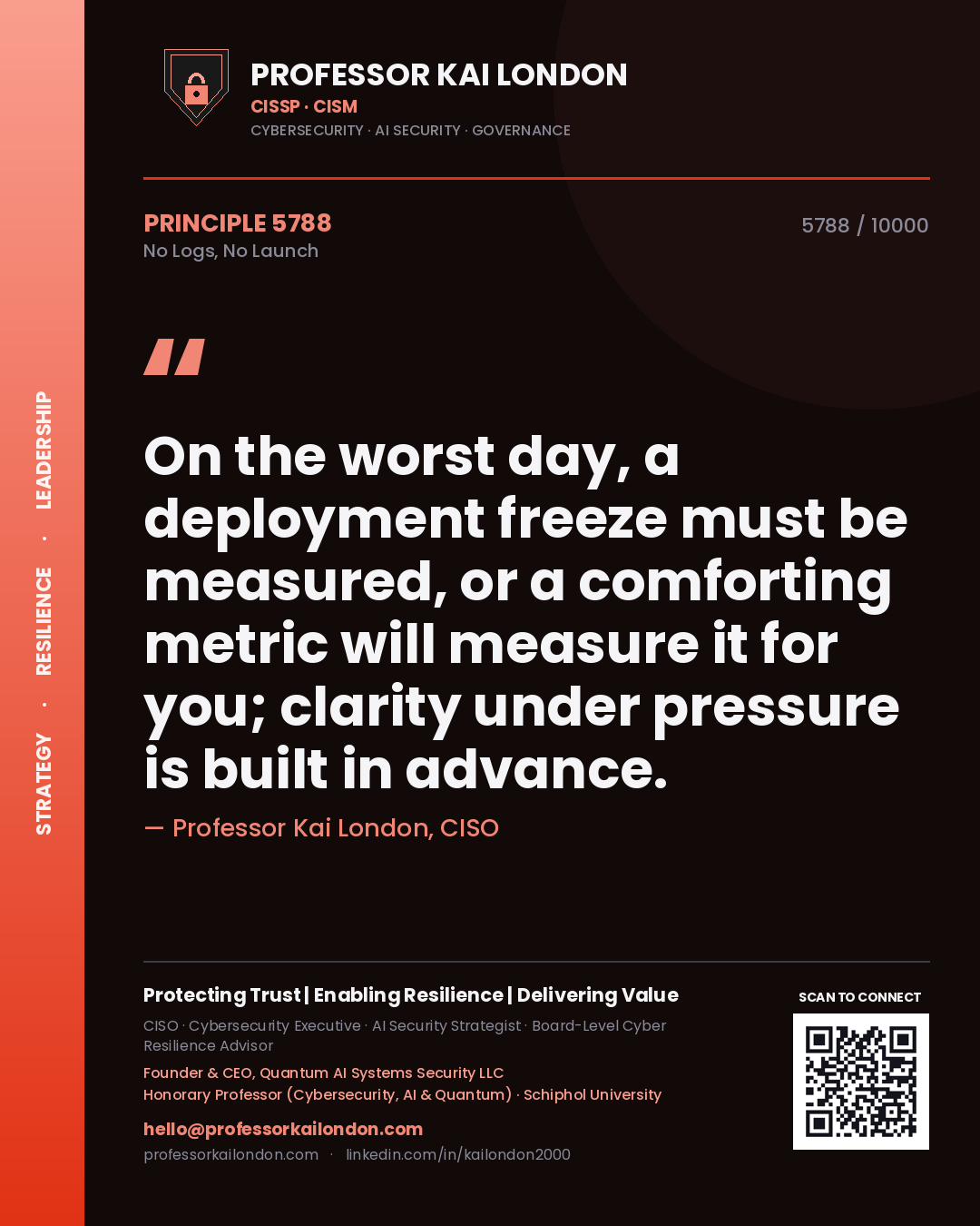 Professor Kai London principle 5788: On the worst day, a deployment freeze must be measured, or a comforting metric will measure it for you; clarity under pressure is built in advance.