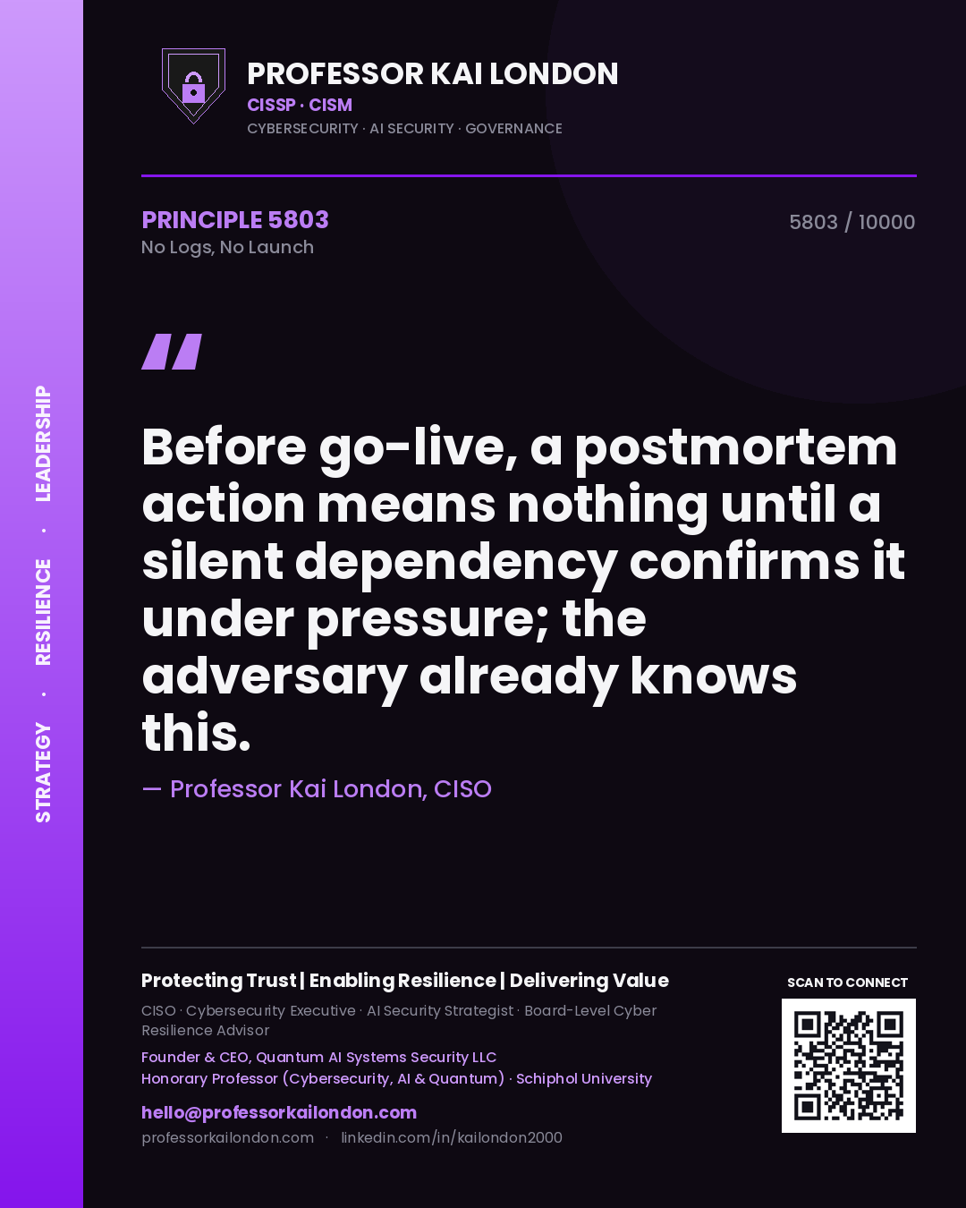 Quote card by Professor Kai London reading 'Before go-live, a postmortem action means nothing until a silent dependency confirms it under pressure; the adversary already knows this.'. From the book No Logs, No Launch.