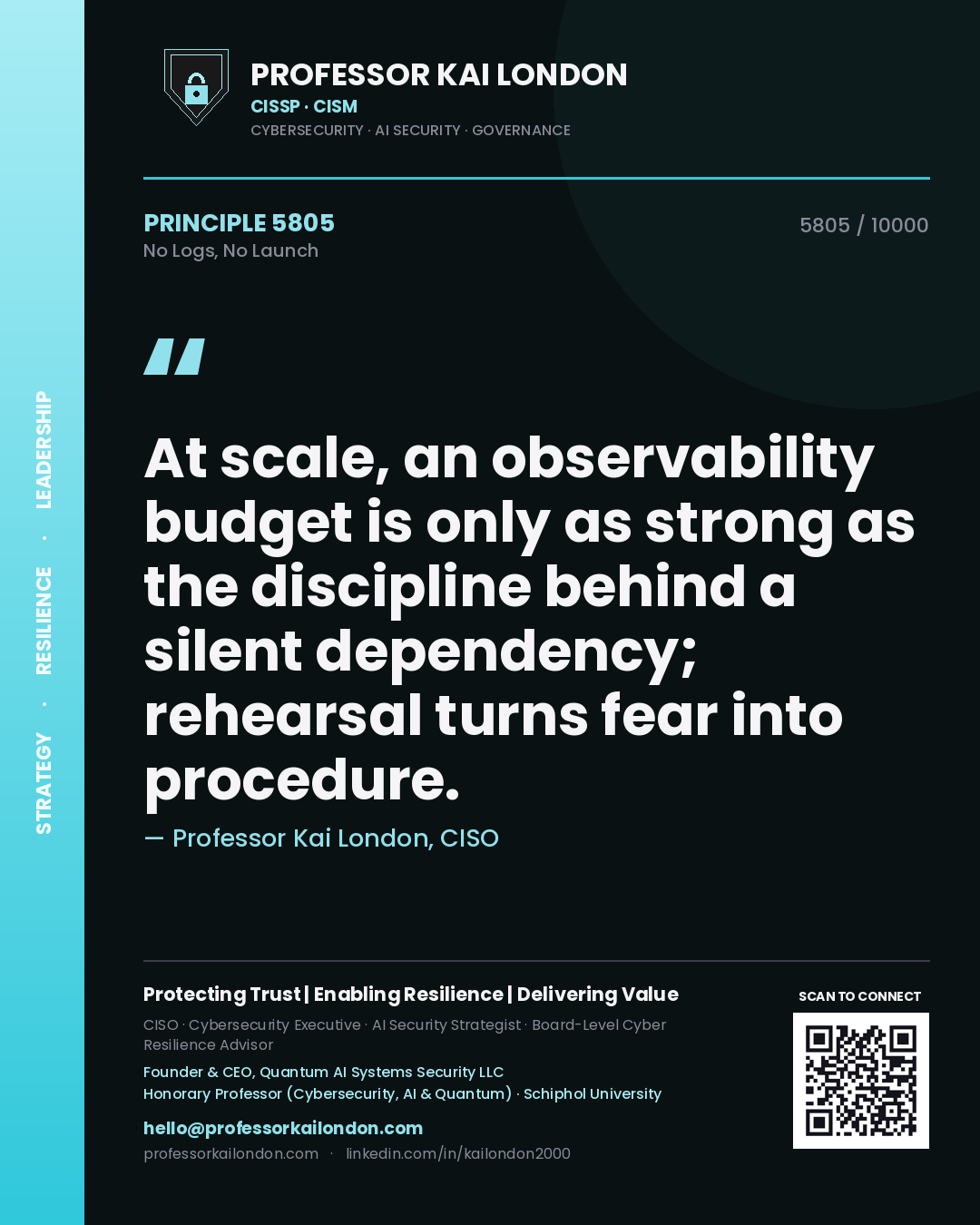 Quote card by Professor Kai London reading 'At scale, an observability budget is only as strong as the discipline behind a silent dependency; rehearsal turns fear into procedure.'. From the book No Logs, No Launch.