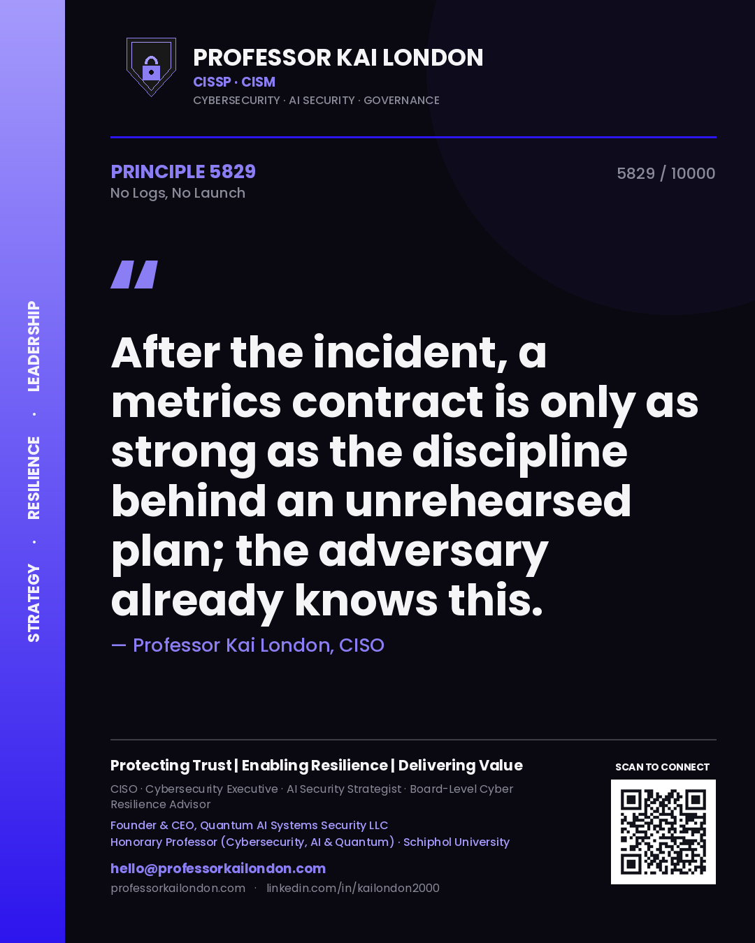 Quote card by Professor Kai London reading 'After the incident, a metrics contract is only as strong as the discipline behind an unrehearsed plan; the adversary already knows this.'. From the book No Logs, No Launch.