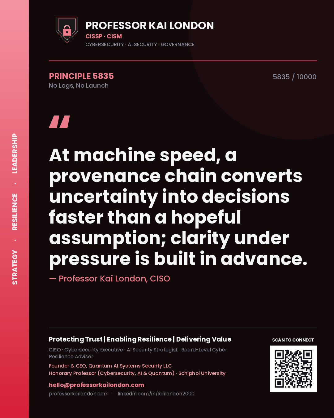 Quote card by Professor Kai London reading 'At machine speed, a provenance chain converts uncertainty into decisions faster than a hopeful assumption; clarity under pressure is built in advance.'. From the book No Logs, No Launch.