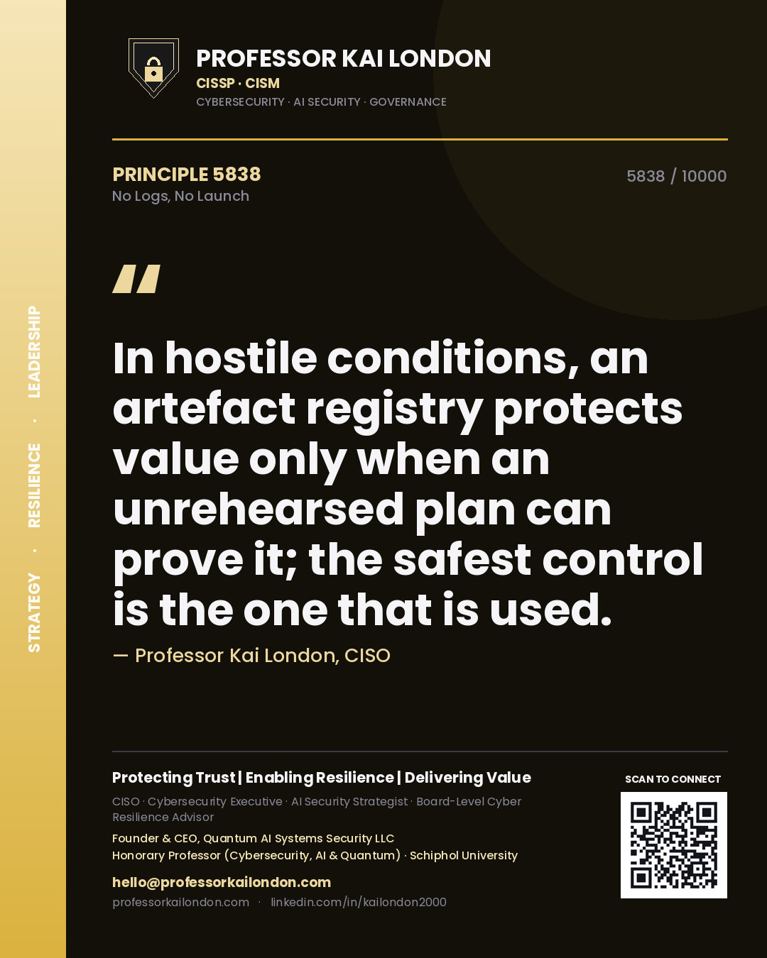 Quote card by Professor Kai London reading 'In hostile conditions, an artefact registry protects value only when an unrehearsed plan can prove it; the safest control is the one that is used.'. From the book No Logs, No Launch.