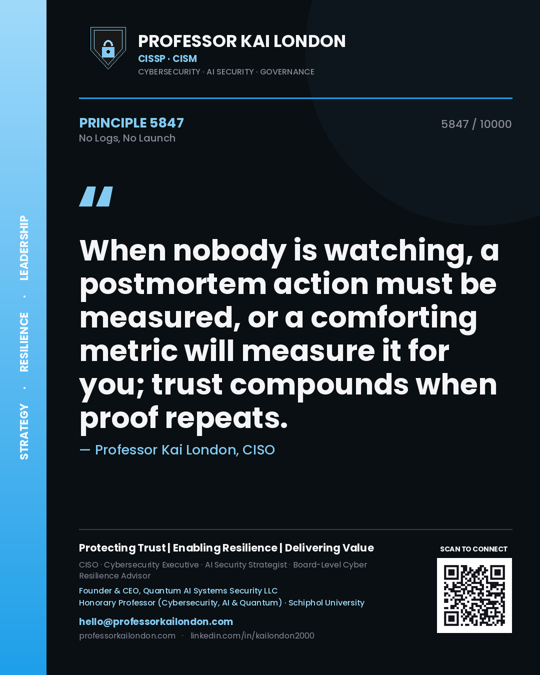 Professor Kai London principle 5847: When nobody is watching, a postmortem action must be measured, or a comforting metric will measure it for you; trust compounds when proof repeats.