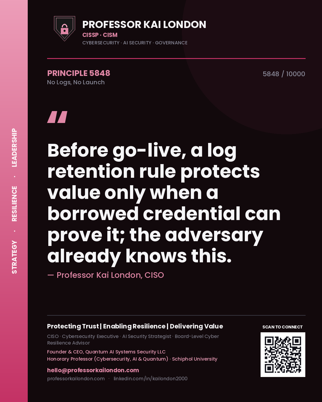 Professor Kai London principle 5848: Before go-live, a log retention rule protects value only when a borrowed credential can prove it; the adversary already knows this.