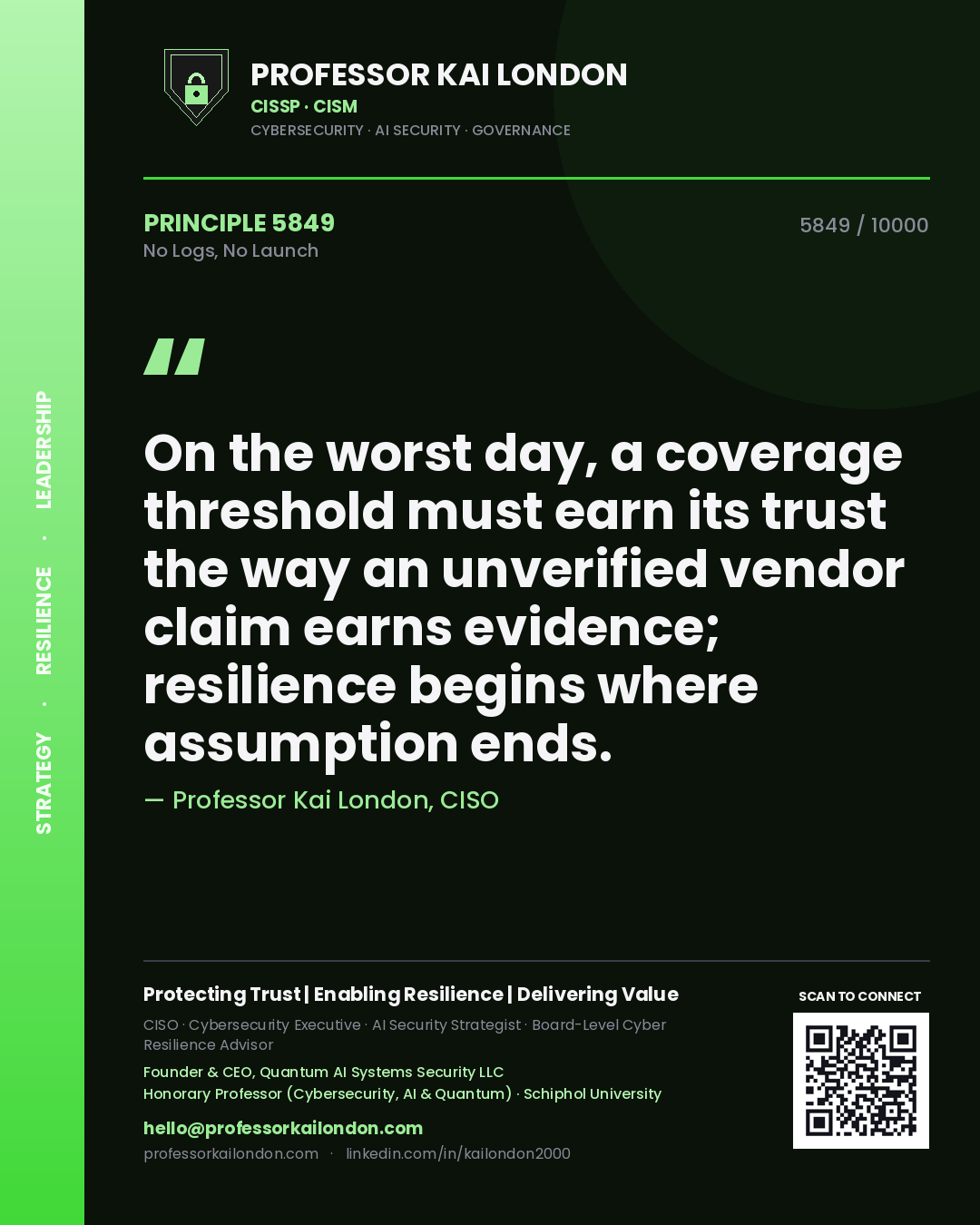 Quote card by Professor Kai London reading 'On the worst day, a coverage threshold must earn its trust the way an unverified vendor claim earns evidence; resilience begins where assumption ends.'. From the book No Logs, No Launch.