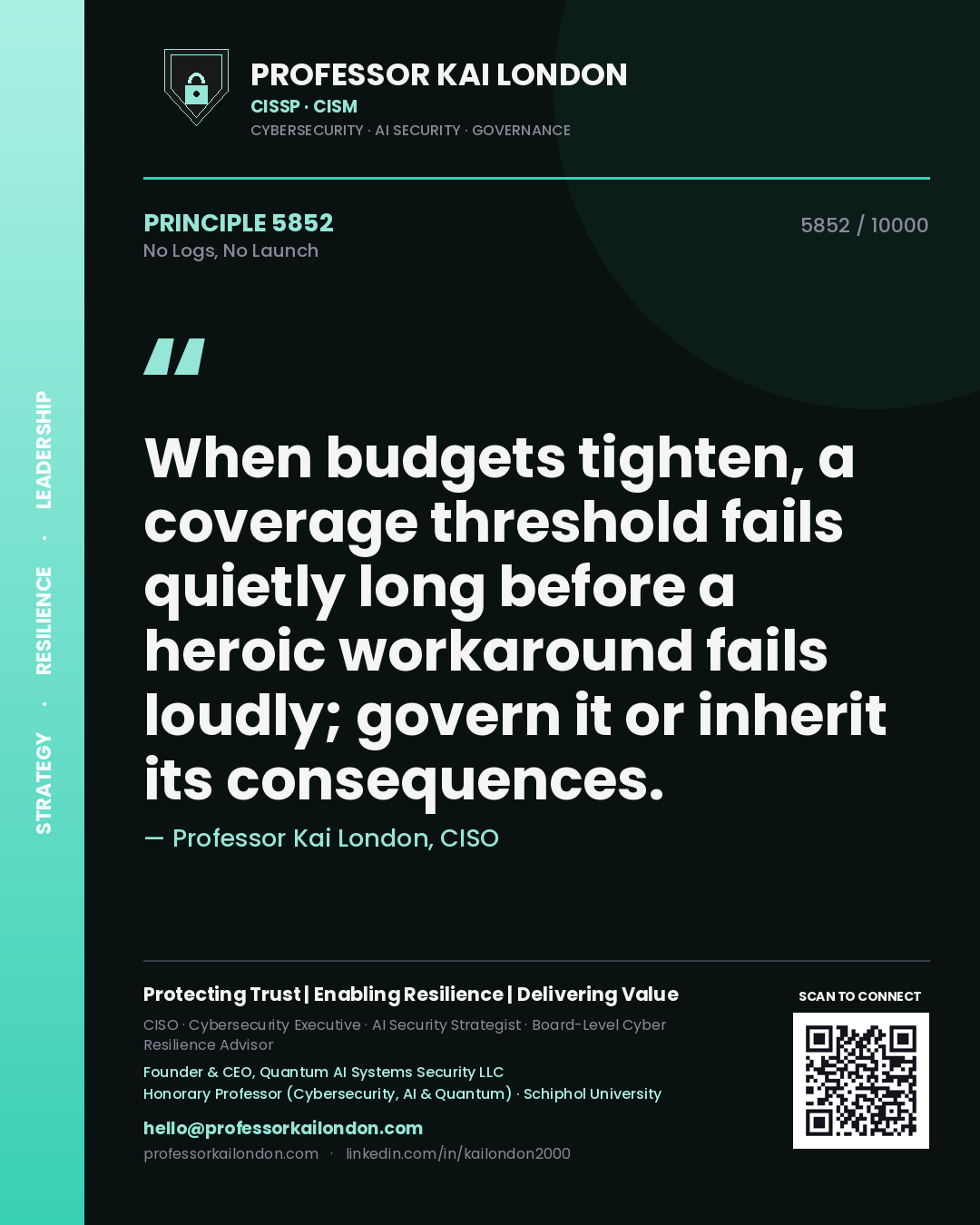 Quote card by Professor Kai London reading 'When budgets tighten, a coverage threshold fails quietly long before a heroic workaround fails loudly; govern it or inherit its consequences.'. From the book No Logs, No Launch.