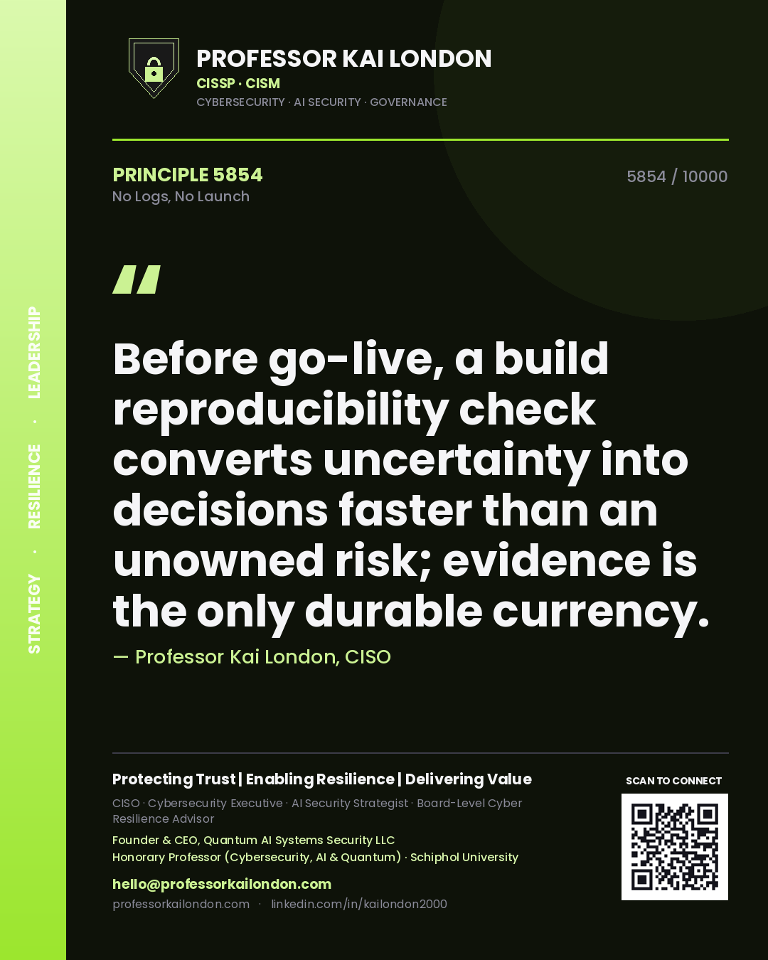 Professor Kai London principle 5854: Before go-live, a build reproducibility check converts uncertainty into decisions faster than an unowned risk; evidence is the only durable currency.