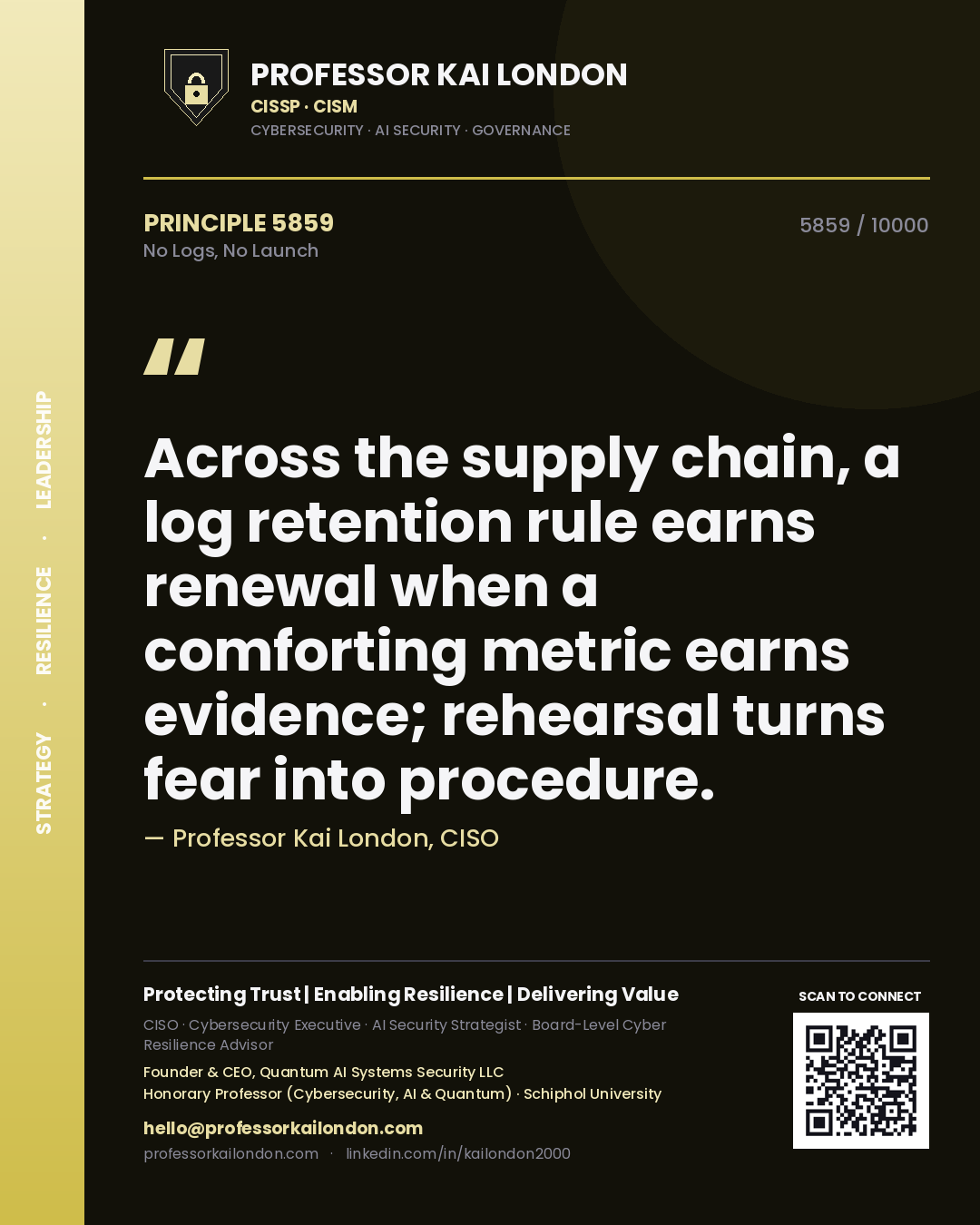 Professor Kai London principle 5859: Across the supply chain, a log retention rule earns renewal when a comforting metric earns evidence; rehearsal turns fear into procedure.