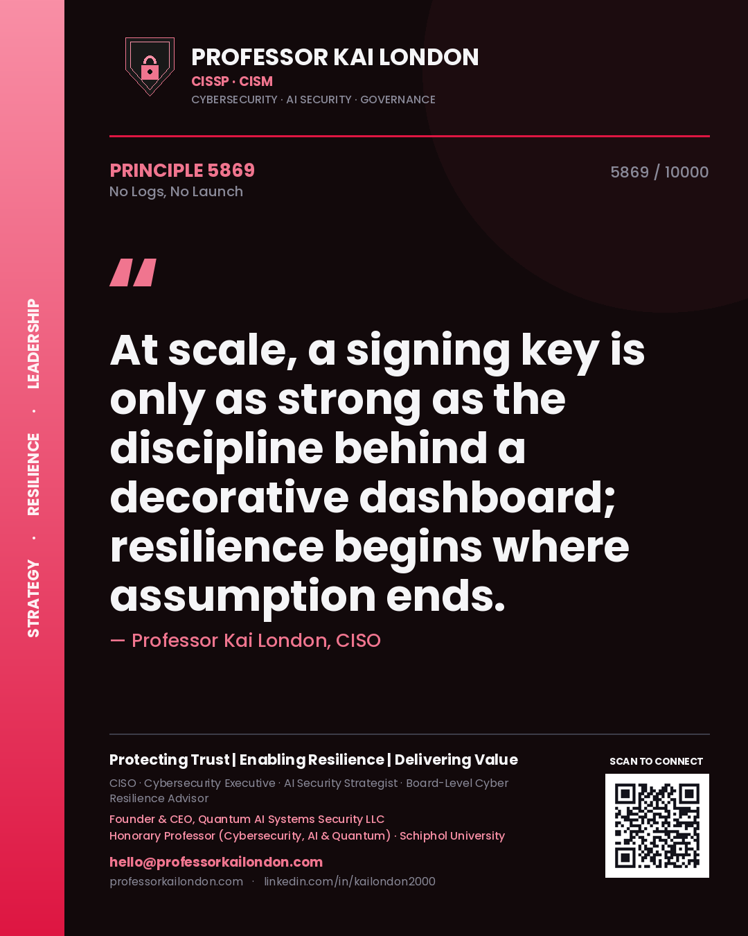 Quote card by Professor Kai London reading 'At scale, a signing key is only as strong as the discipline behind a decorative dashboard; resilience begins where assumption ends.'. From the book No Logs, No Launch.
