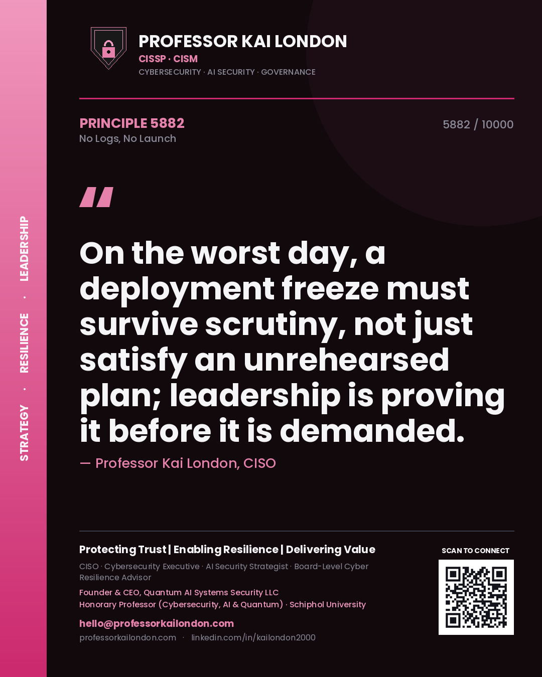 Professor Kai London principle 5882: On the worst day, a deployment freeze must survive scrutiny, not just satisfy an unrehearsed plan; leadership is proving it before it is demanded.