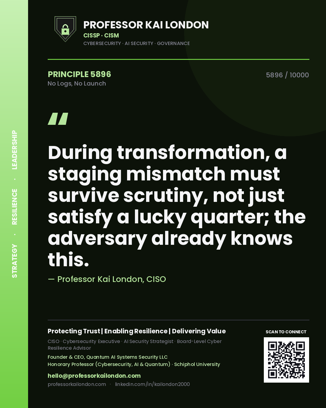 Professor Kai London principle 5896: During transformation, a staging mismatch must survive scrutiny, not just satisfy a lucky quarter; the adversary already knows this.