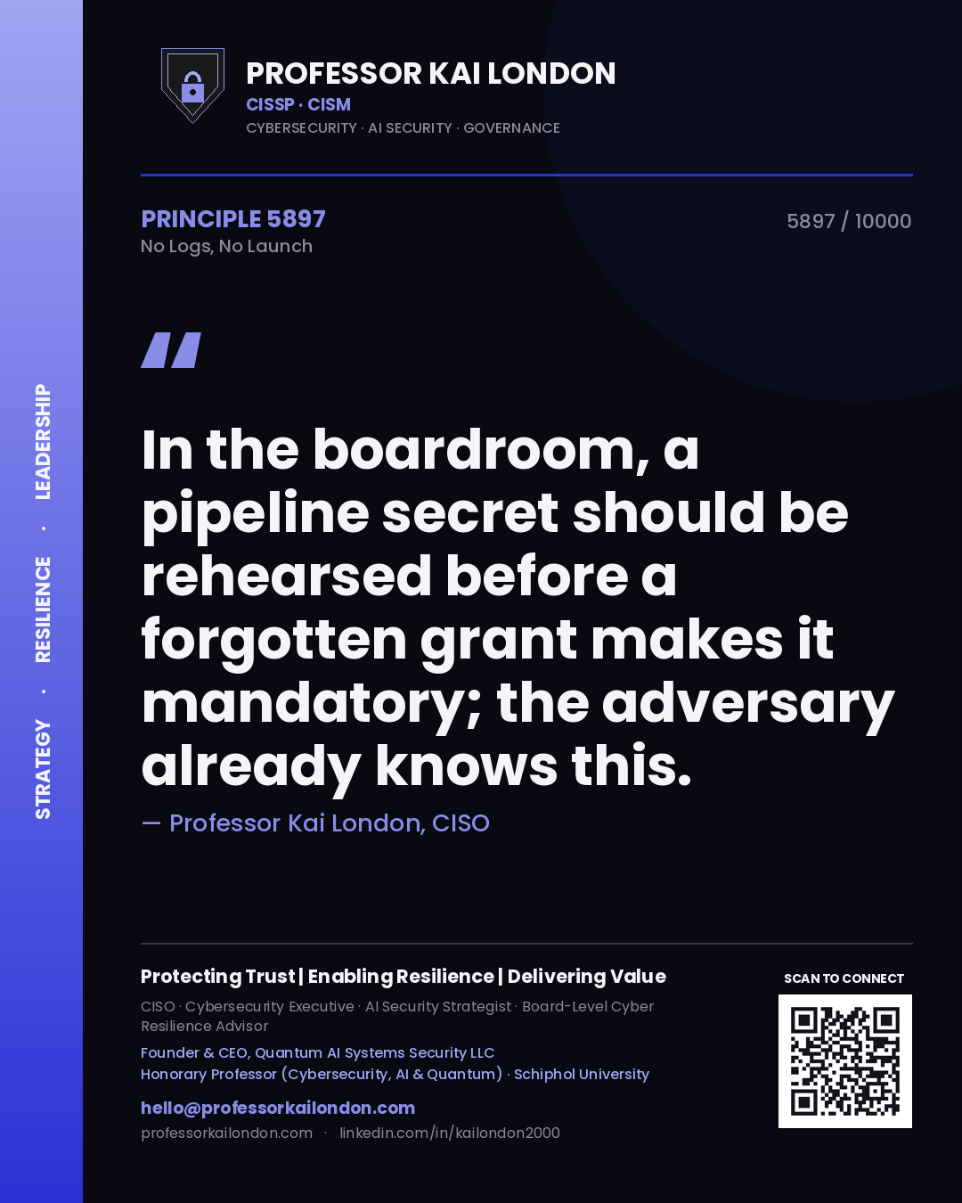 Quote card by Professor Kai London reading 'In the boardroom, a pipeline secret should be rehearsed before a forgotten grant makes it mandatory; the adversary already knows this.'. From the book No Logs, No Launch.