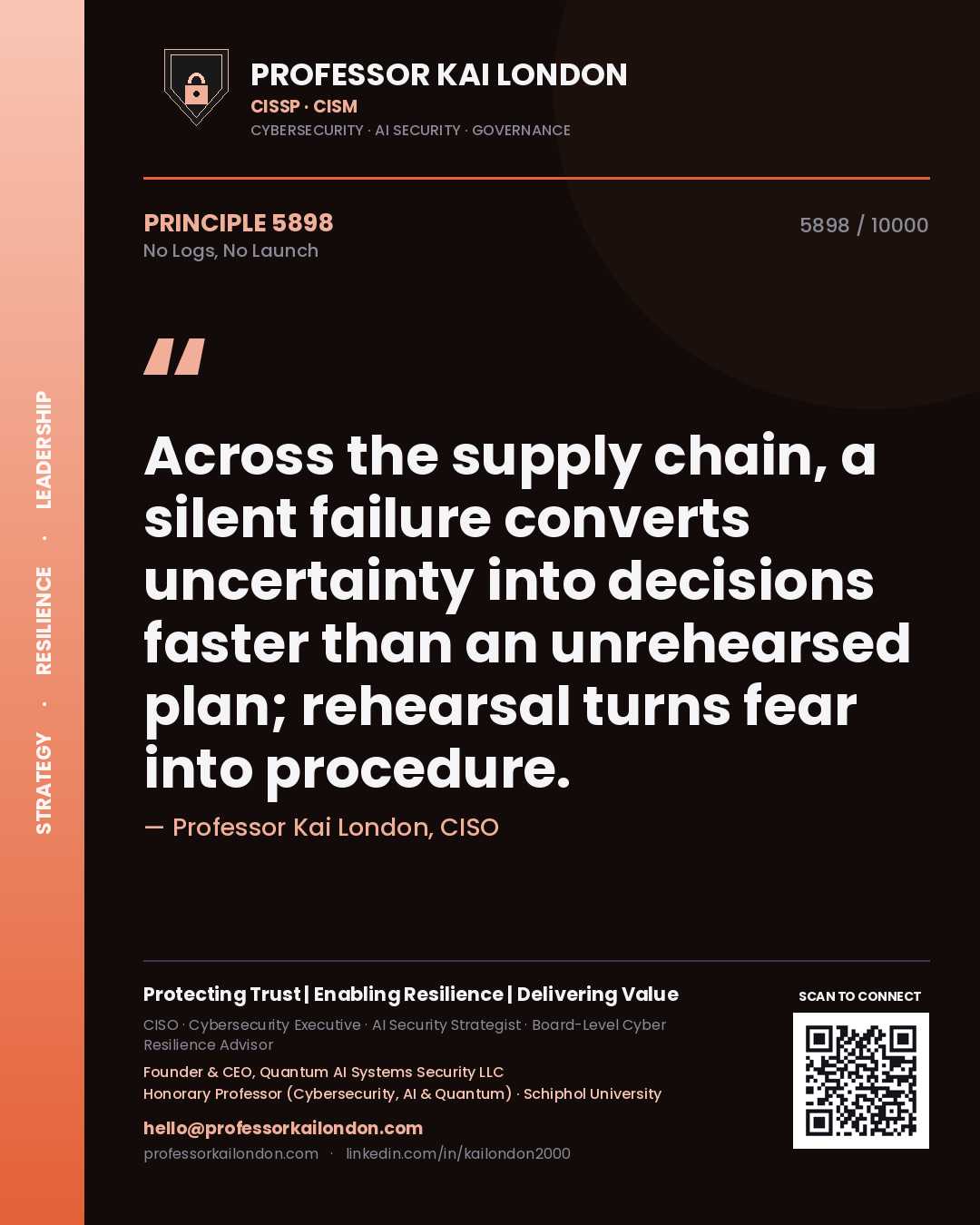 Professor Kai London principle 5898: Across the supply chain, a silent failure converts uncertainty into decisions faster than an unrehearsed plan; rehearsal turns fear into procedure.