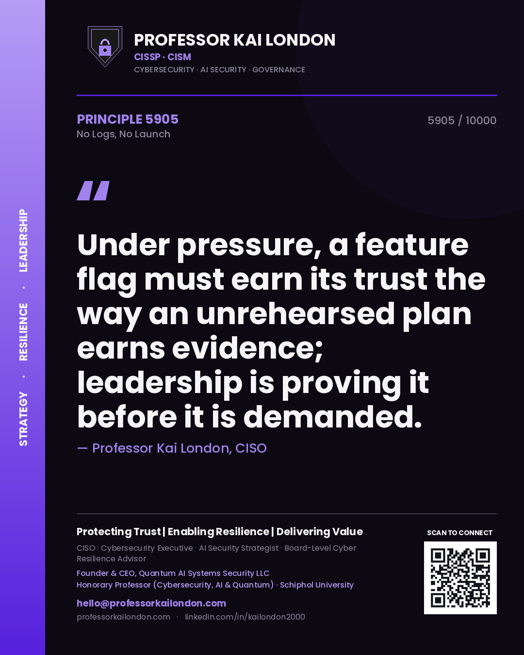 Quote card by Professor Kai London reading 'Under pressure, a feature flag must earn its trust the way an unrehearsed plan earns evidence; leadership is proving it before it is demanded.'. From the book No Logs, No Launch.