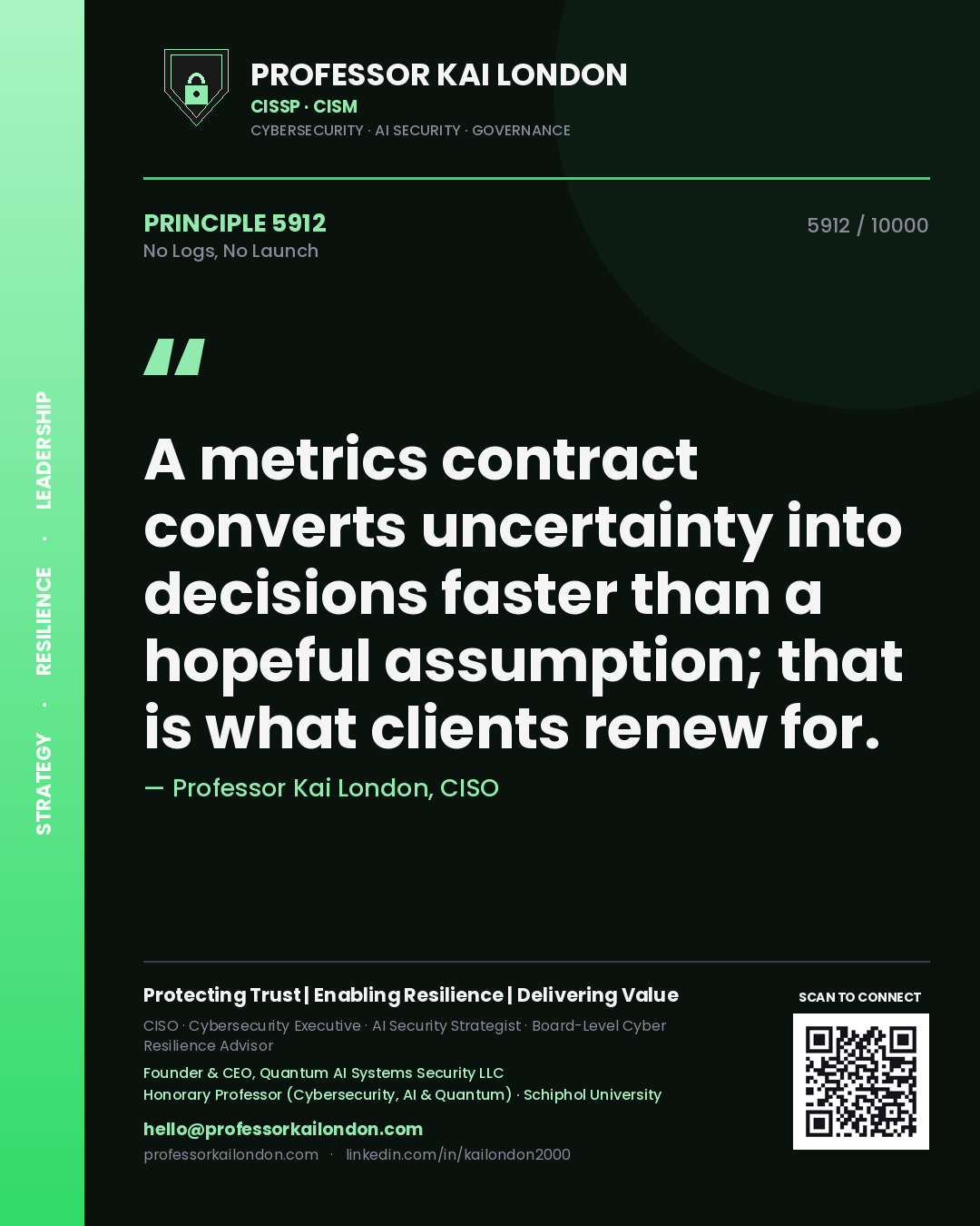 Quote card by Professor Kai London reading 'A metrics contract converts uncertainty into decisions faster than a hopeful assumption; that is what clients renew for.'. From the book No Logs, No Launch.
