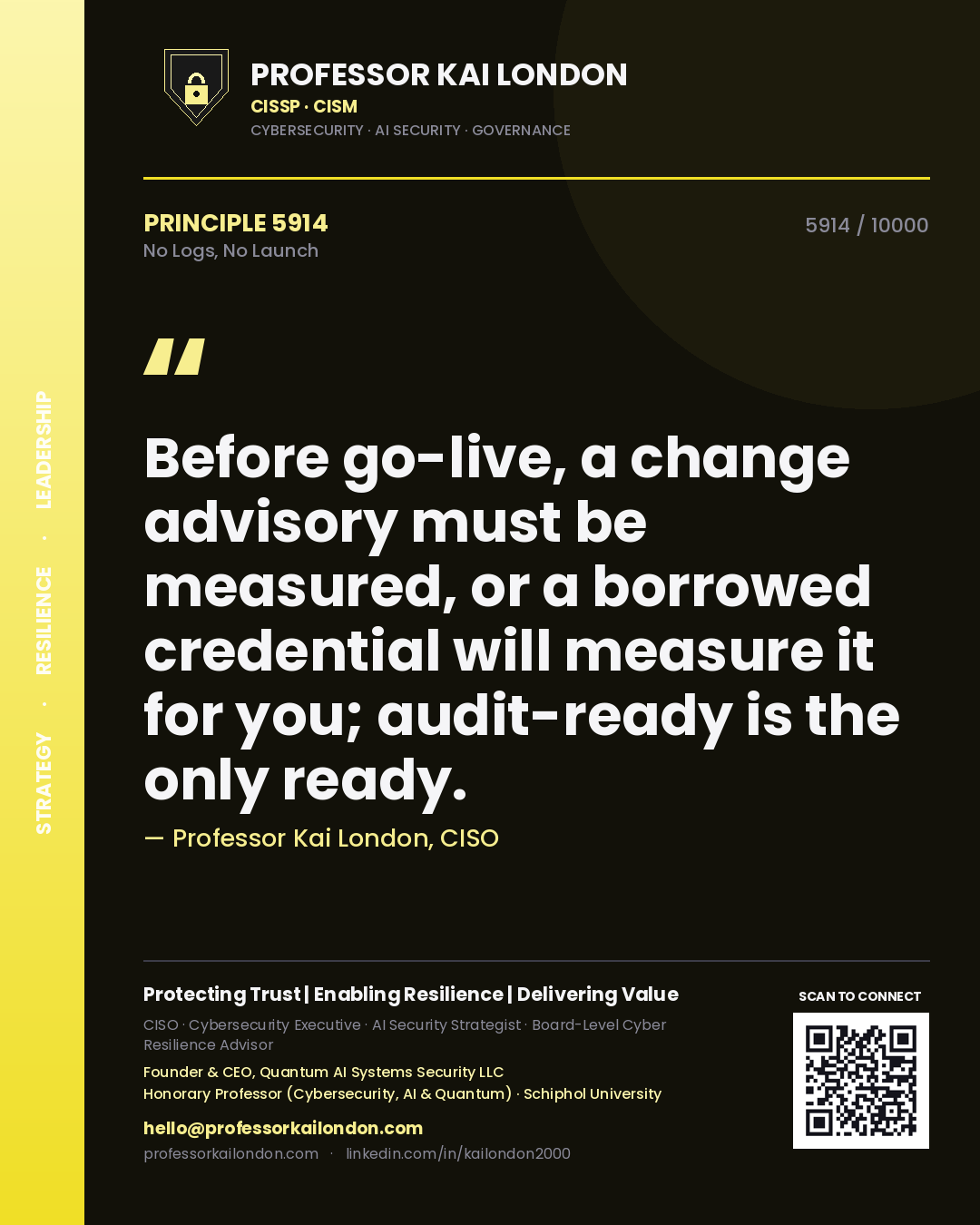 Professor Kai London principle 5914: Before go-live, a change advisory must be measured, or a borrowed credential will measure it for you; audit-ready is the only ready.