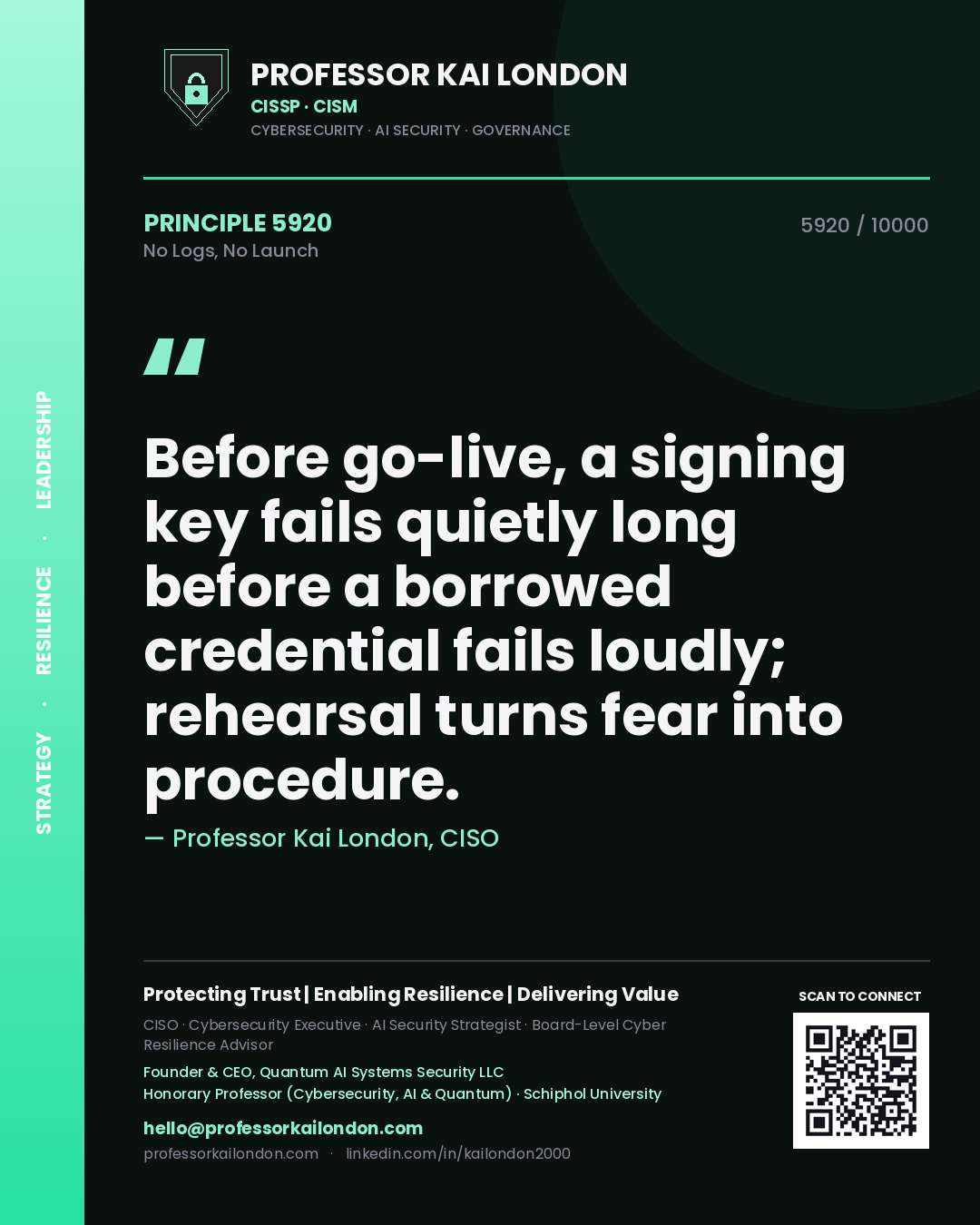Quote card by Professor Kai London reading 'Before go-live, a signing key fails quietly long before a borrowed credential fails loudly; rehearsal turns fear into procedure.'. From the book No Logs, No Launch.