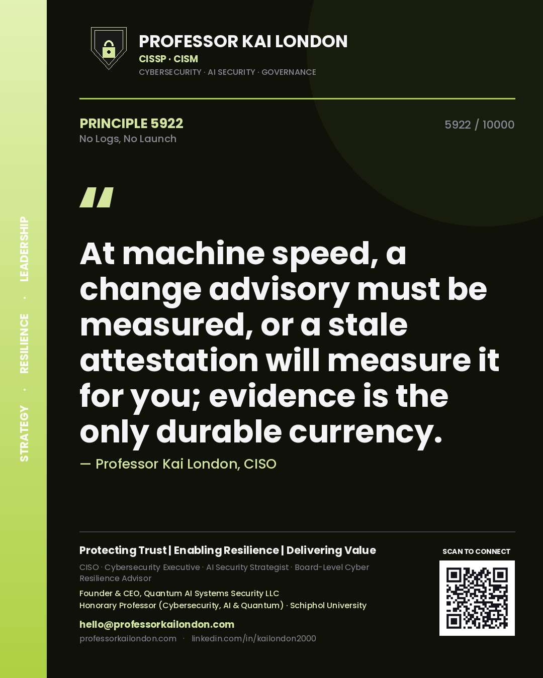 Quote card by Professor Kai London reading 'At machine speed, a change advisory must be measured, or a stale attestation will measure it for you; evidence is the only durable currency.'. From the book No Logs, No Launch.