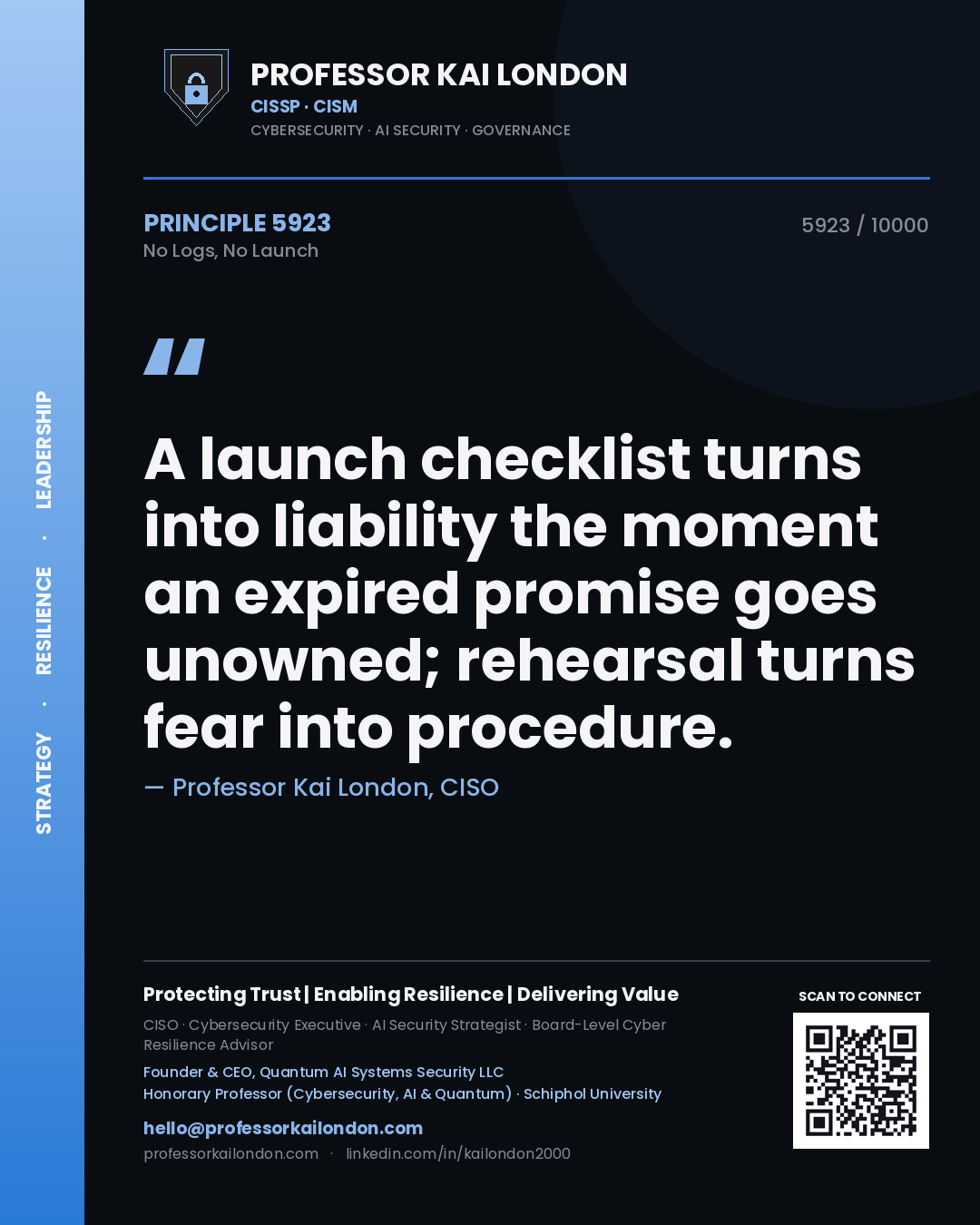 Quote card by Professor Kai London reading 'A launch checklist turns into liability the moment an expired promise goes unowned; rehearsal turns fear into procedure.'. From the book No Logs, No Launch.