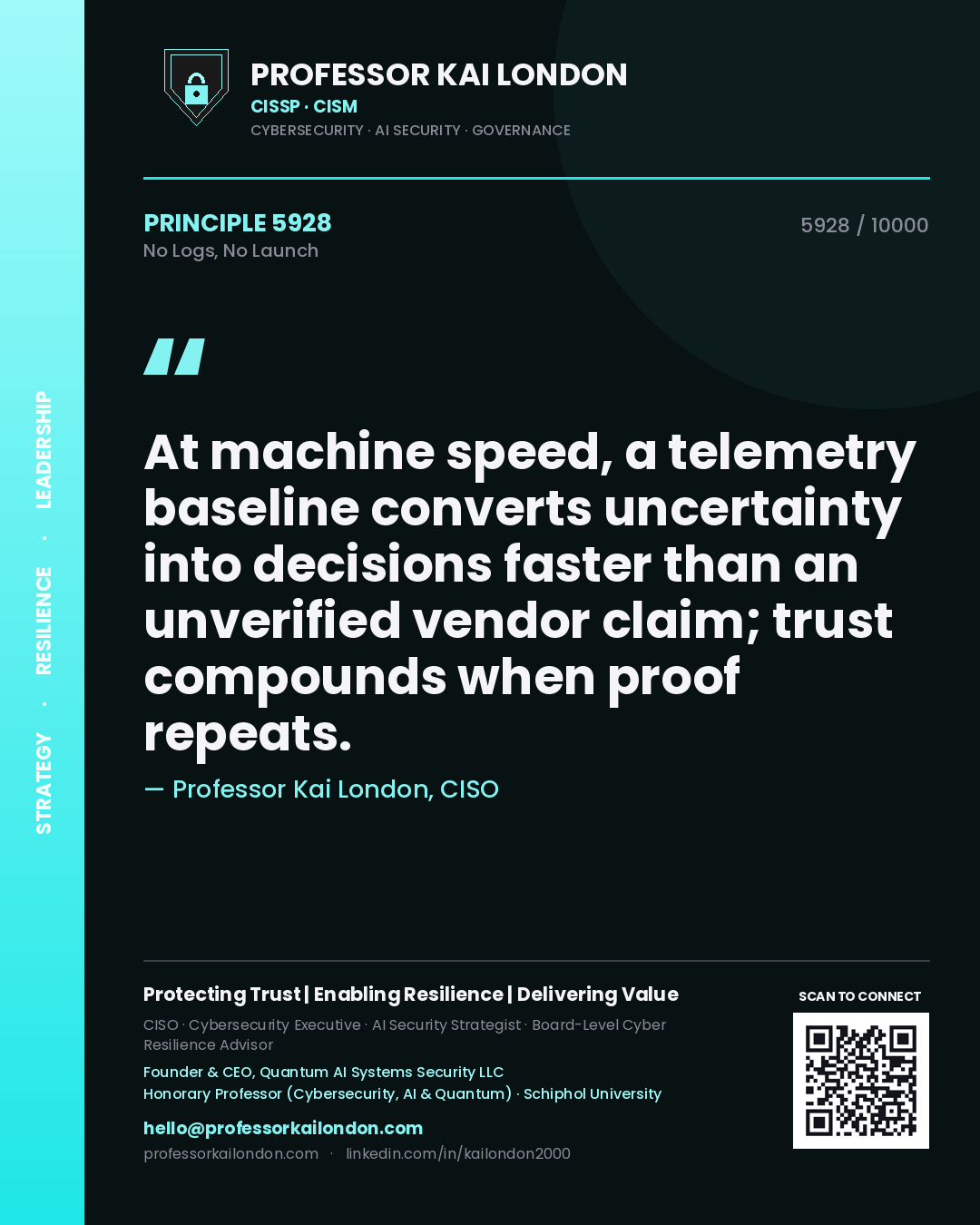 Quote card by Professor Kai London reading 'At machine speed, a telemetry baseline converts uncertainty into decisions faster than an unverified vendor claim; trust compounds when proof repeats.'. From the book No Logs, No Launch.