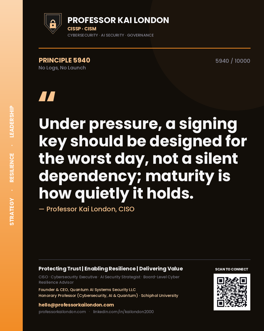 Quote card by Professor Kai London reading 'Under pressure, a signing key should be designed for the worst day, not a silent dependency; maturity is how quietly it holds.'. From the book No Logs, No Launch.