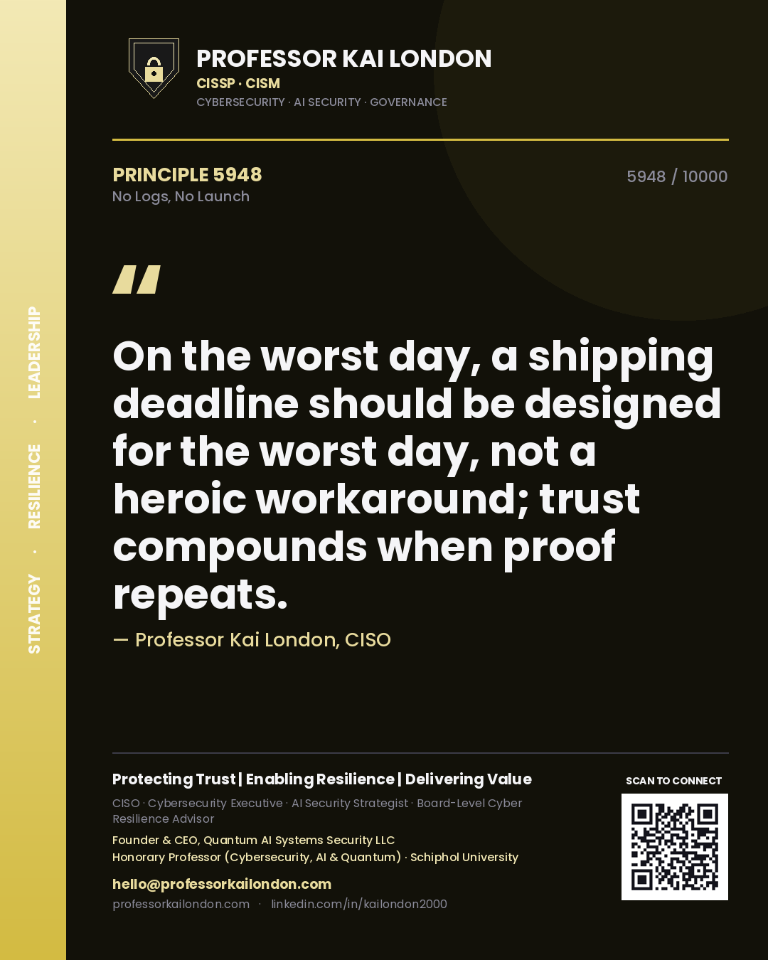 Quote card by Professor Kai London reading 'On the worst day, a shipping deadline should be designed for the worst day, not a heroic workaround; trust compounds when proof repeats.'. From the book No Logs, No Launch.