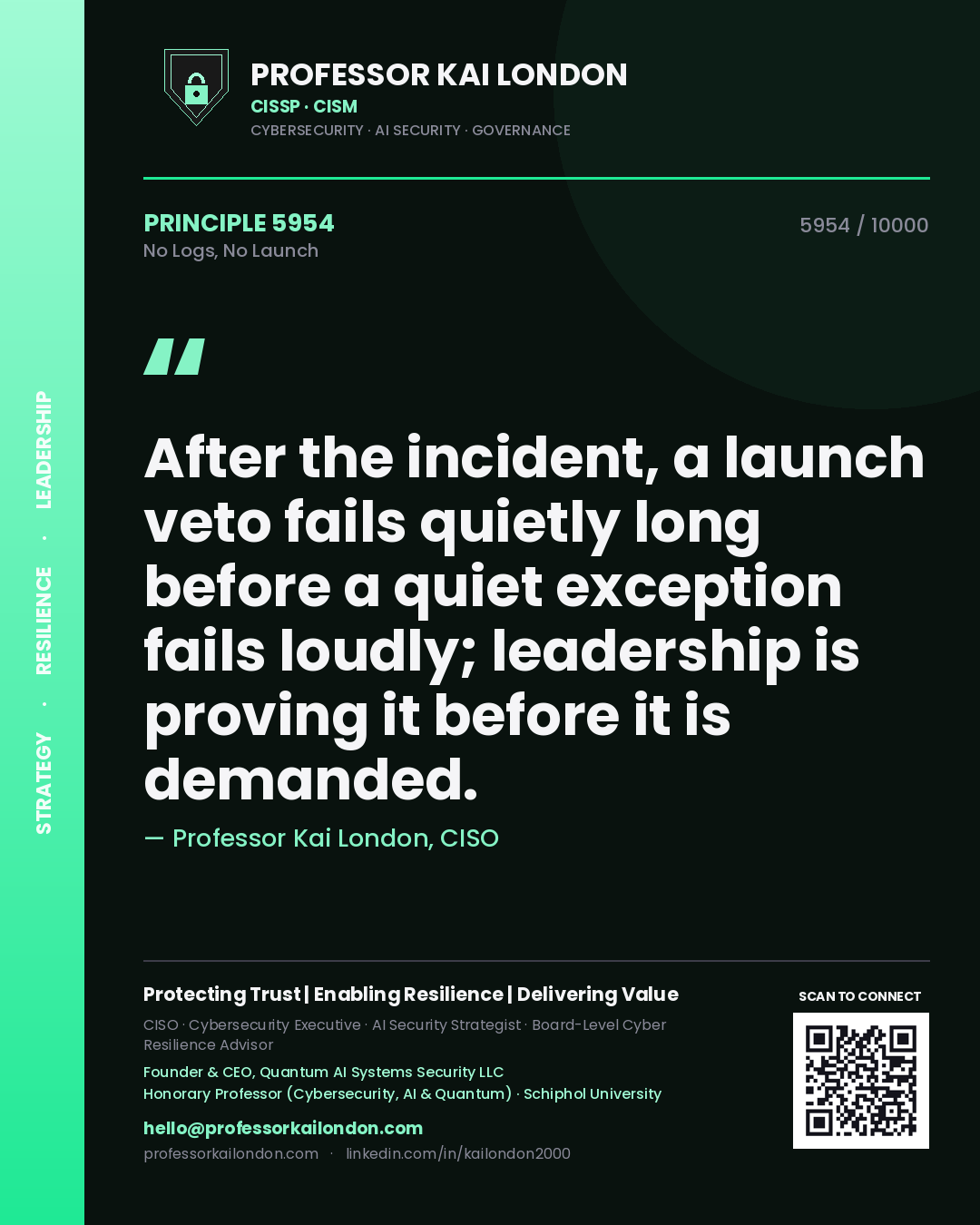 Professor Kai London principle 5954: After the incident, a launch veto fails quietly long before a quiet exception fails loudly; leadership is proving it before it is demanded.