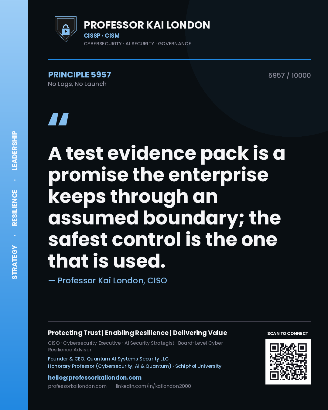 Quote card by Professor Kai London reading 'A test evidence pack is a promise the enterprise keeps through an assumed boundary; the safest control is the one that is used.'. From the book No Logs, No Launch.