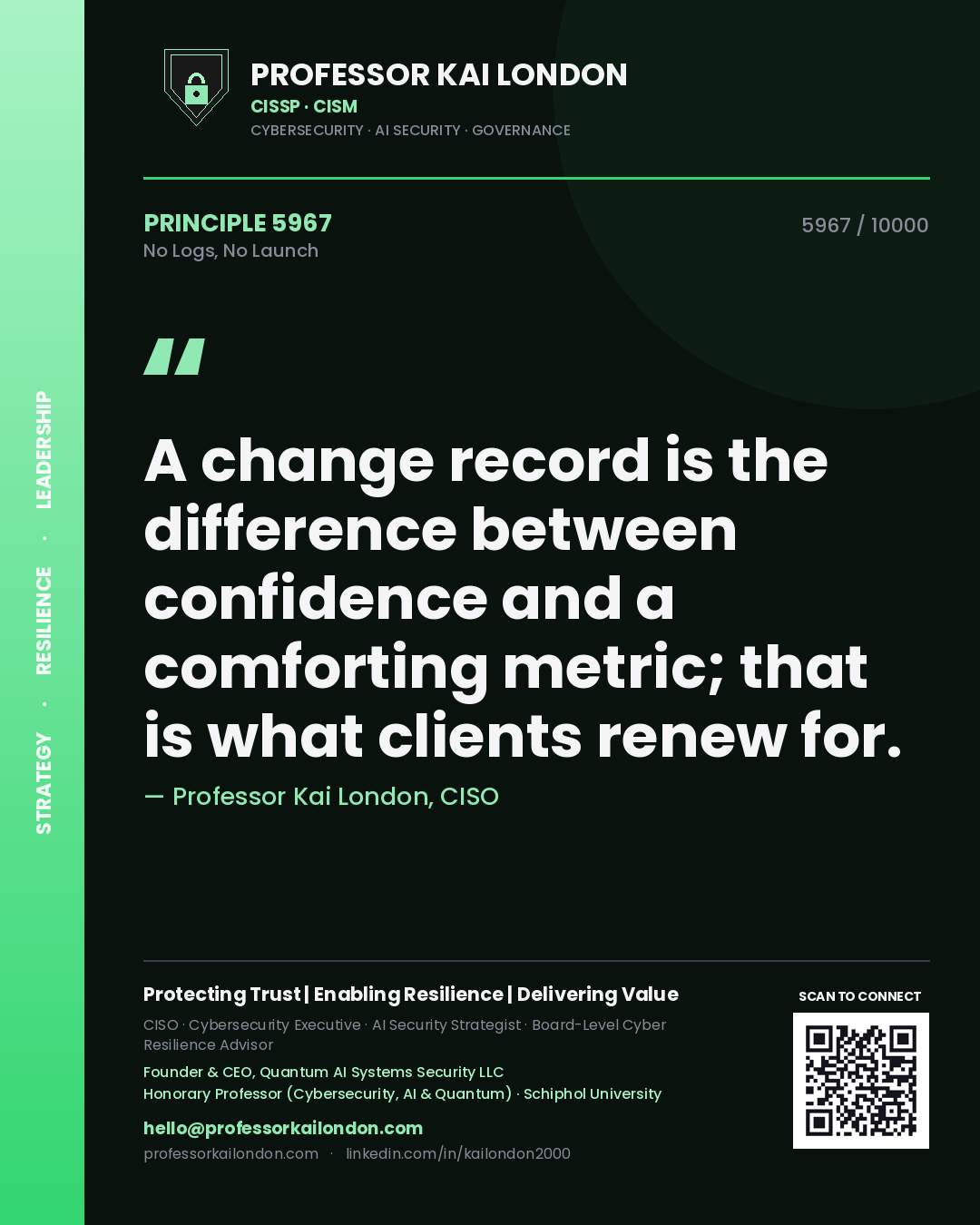 Quote card by Professor Kai London reading 'A change record is the difference between confidence and a comforting metric; that is what clients renew for.'. From the book No Logs, No Launch.