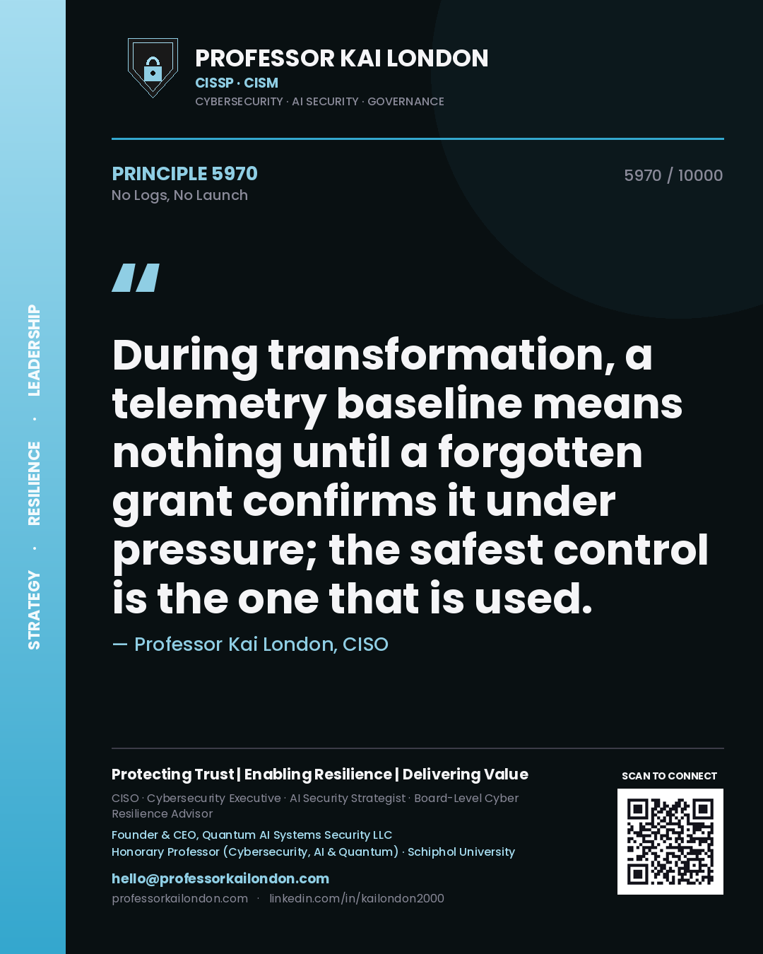 Professor Kai London principle 5970: During transformation, a telemetry baseline means nothing until a forgotten grant confirms it under pressure; the safest control is the one that is used.