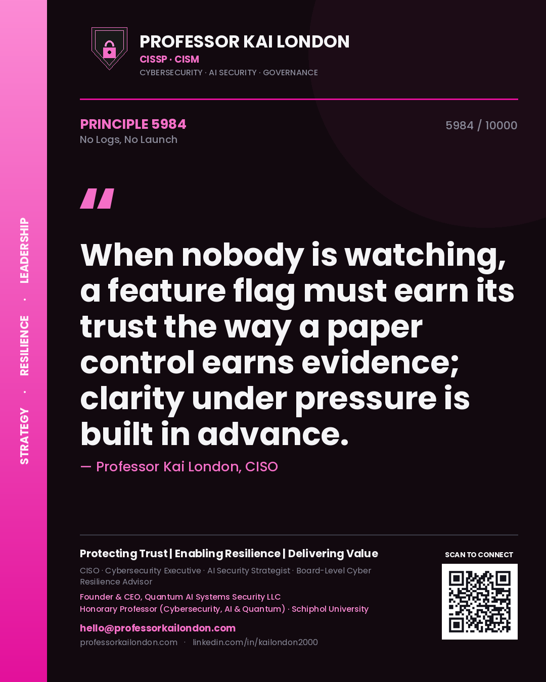 Professor Kai London principle 5984: When nobody is watching, a feature flag must earn its trust the way a paper control earns evidence; clarity under pressure is built in advance.
