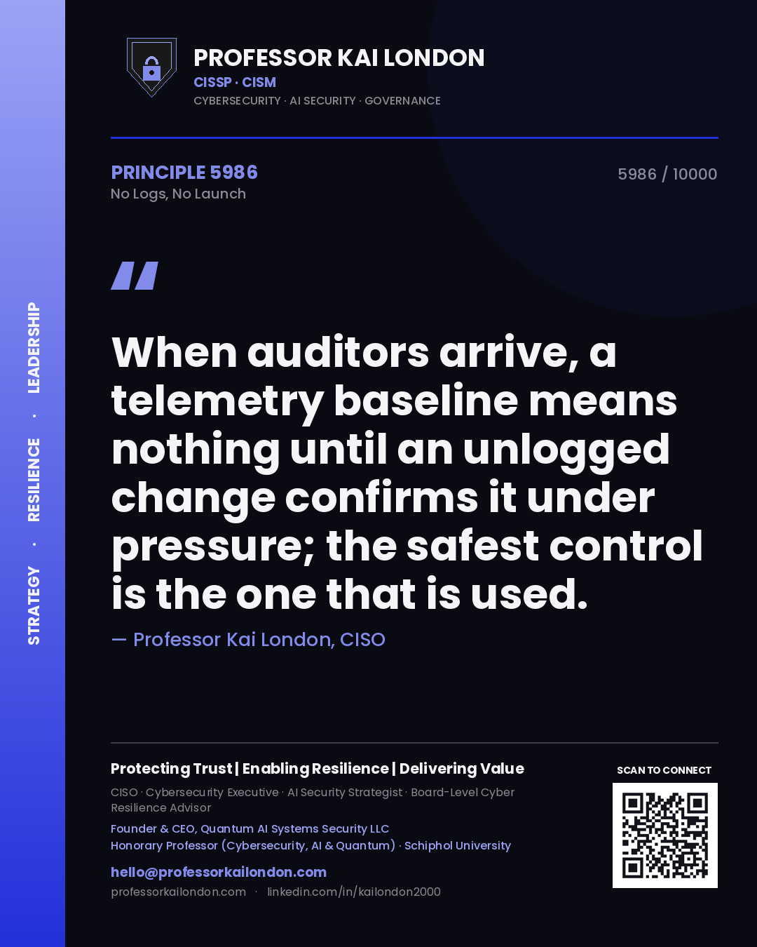 Professor Kai London principle 5986: When auditors arrive, a telemetry baseline means nothing until an unlogged change confirms it under pressure; the safest control is the one that is used.